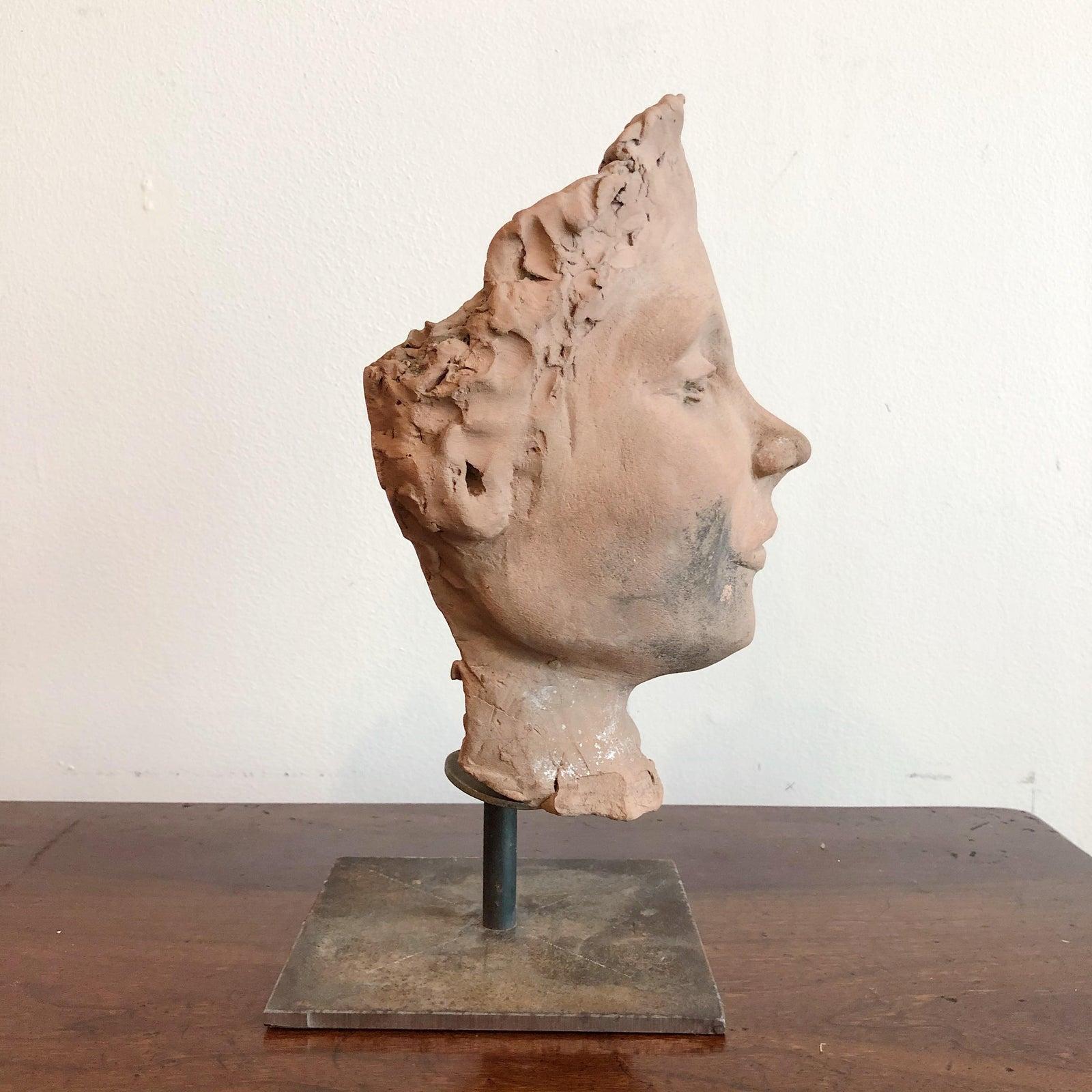 Hand-Crafted Vintage Terracotta Female Head Sculpture on Custom Stand