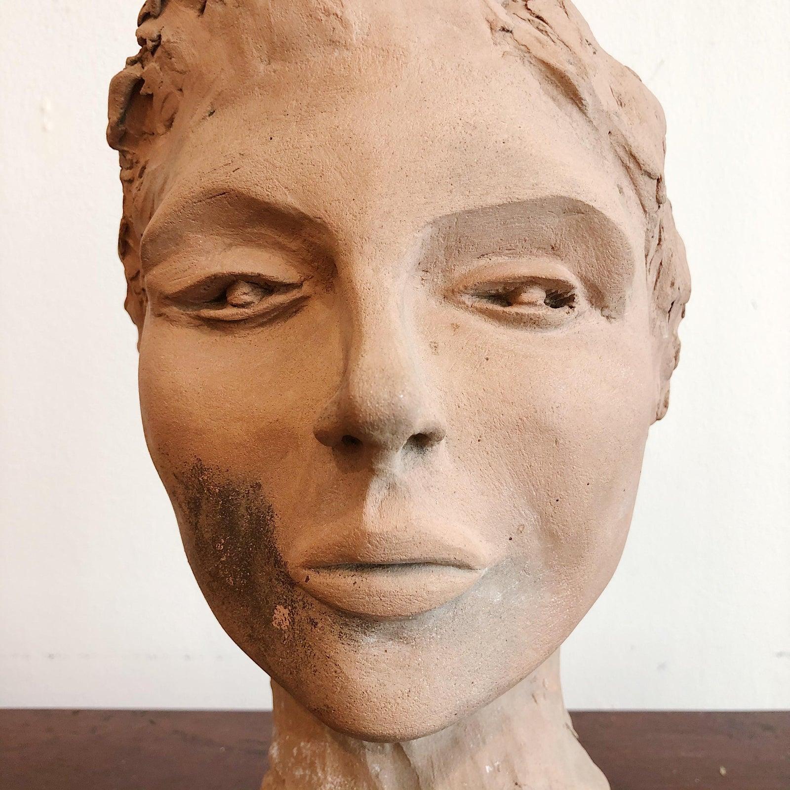 Vintage Terracotta Female Head Sculpture on Custom Stand In Good Condition In West Palm Beach, FL