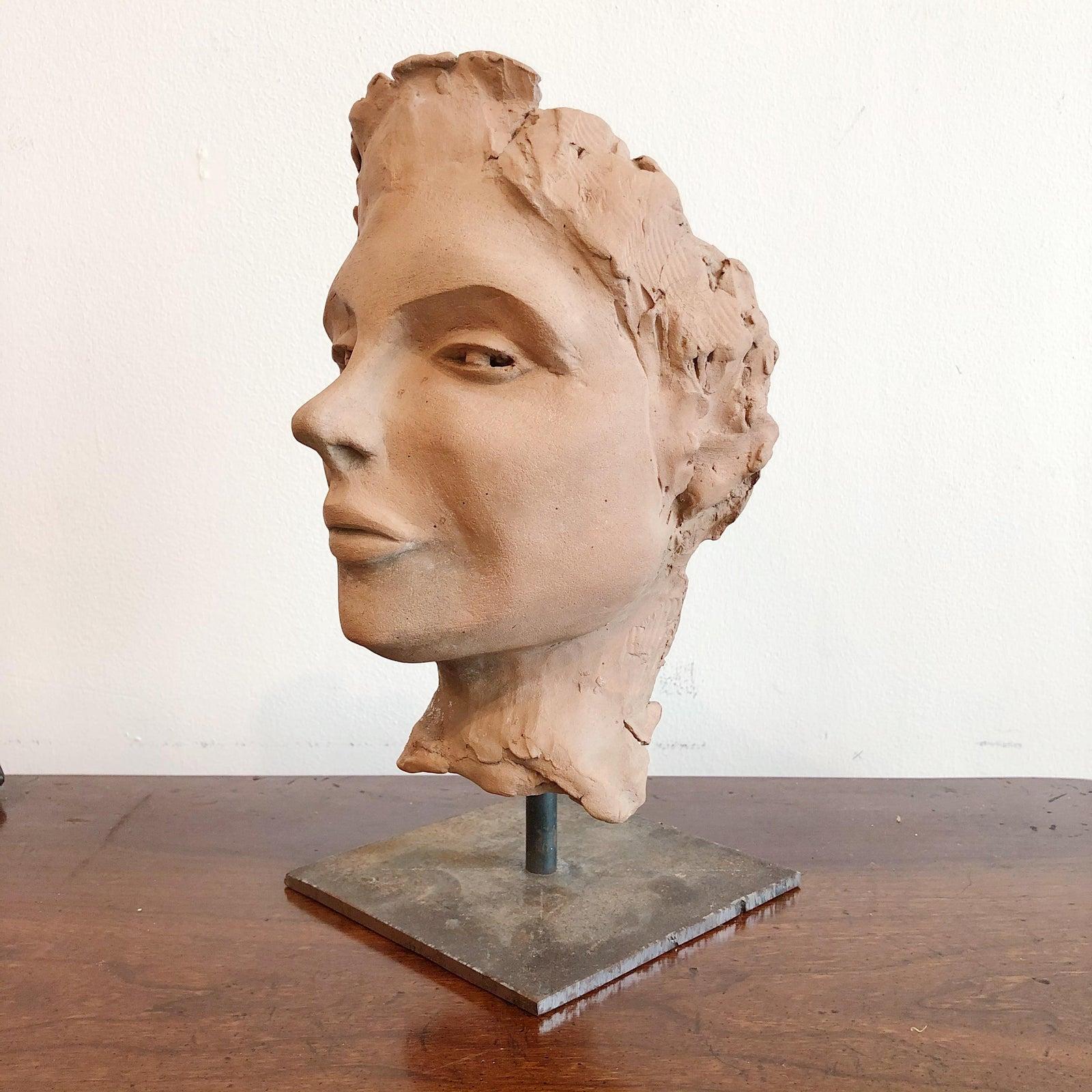 Vintage Terracotta Female Head Sculpture on Custom Stand 1