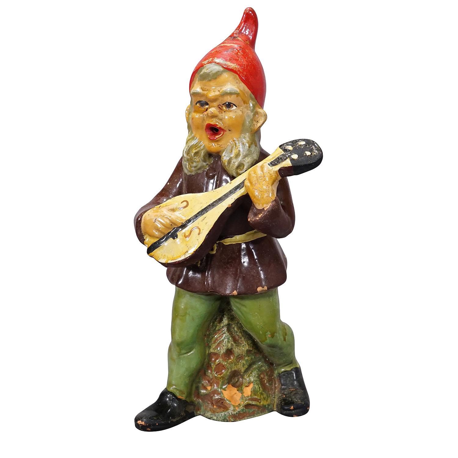 Vintage Terracotta Garden Gnome With Guitar Germany Ca 1950s For Sale vintage-terracotta-garden-gnome-with-guitar-germany-ca-1950s-for-sale