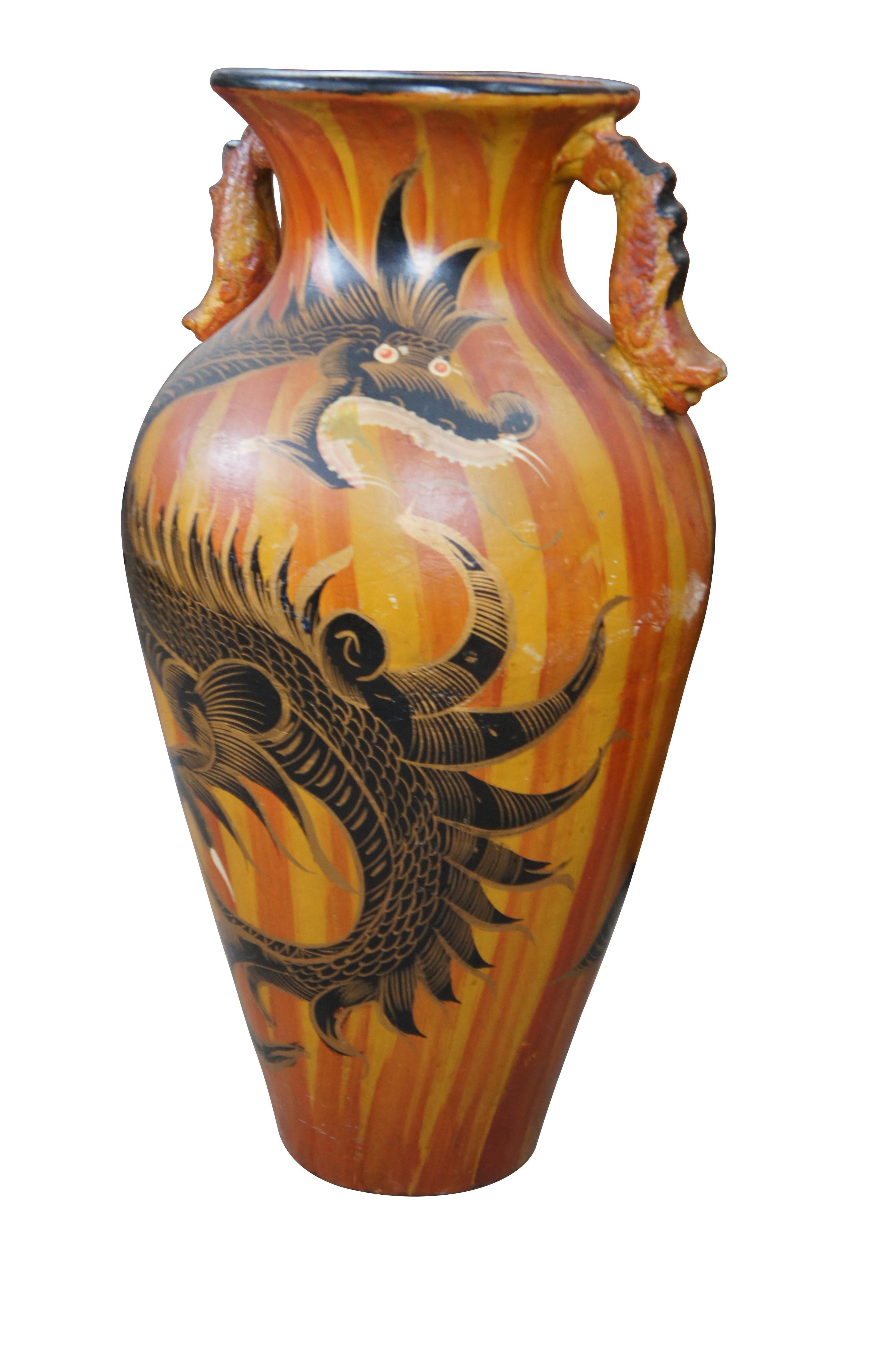 Chinoiserie Vintage Terracotta Hand Painted Dragon & Floral Handled Floor Vase Jar Urn 29