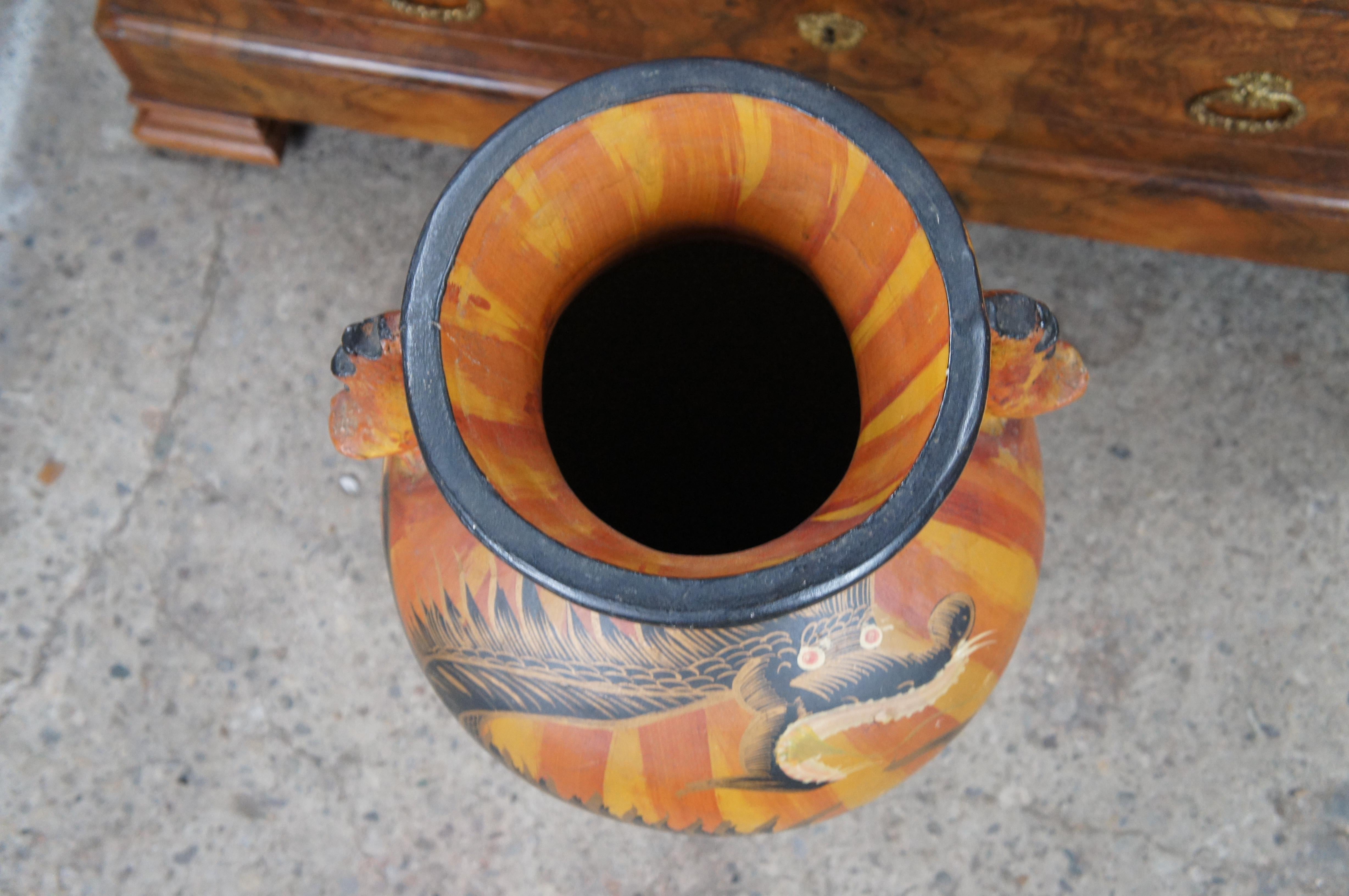 20th Century Vintage Terracotta Hand Painted Dragon & Floral Handled Floor Vase Jar Urn 29