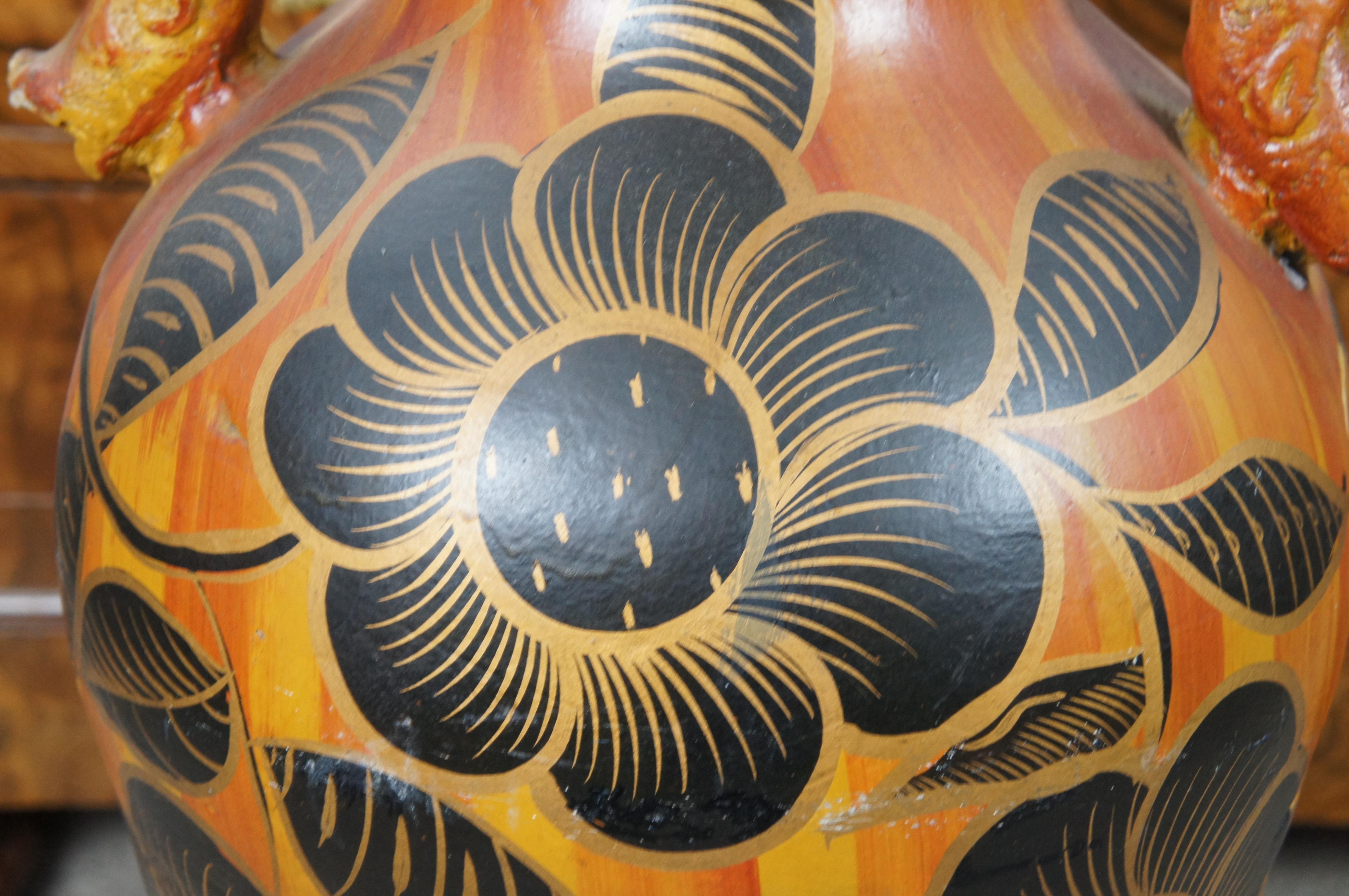 Vintage Terracotta Hand Painted Dragon & Floral Handled Floor Vase Jar Urn 29