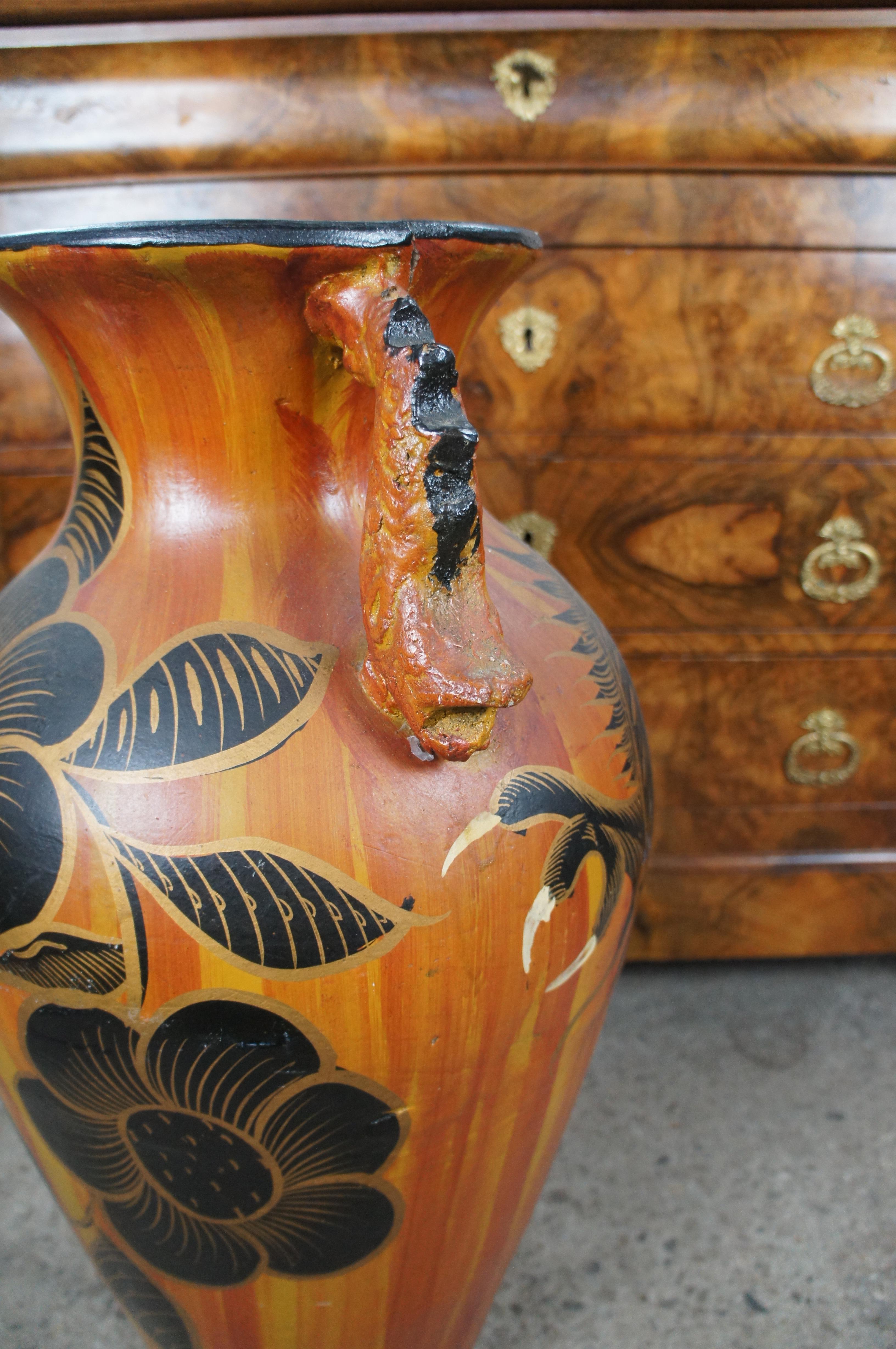 Vintage Terracotta Hand Painted Dragon & Floral Handled Floor Vase Jar Urn 29