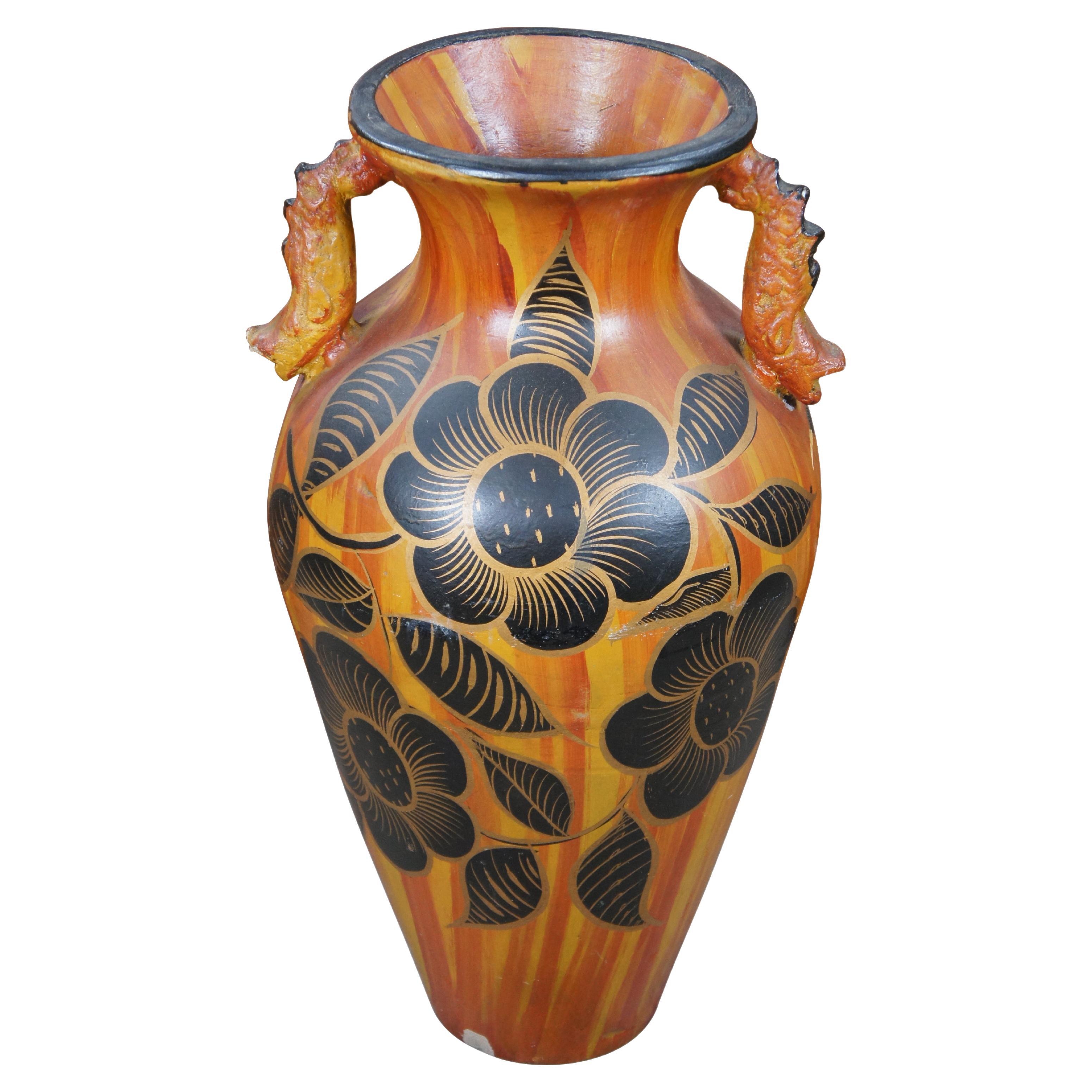 Vintage Terracotta Hand Painted Dragon & Floral Handled Floor Vase Jar Urn 29" For Sale