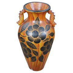 Vintage Terracotta Handted Dragon & Floral Handled Floor Vase Jar Urn 29" (Terre cuite peinte à la main avec un dragon et des fleurs)