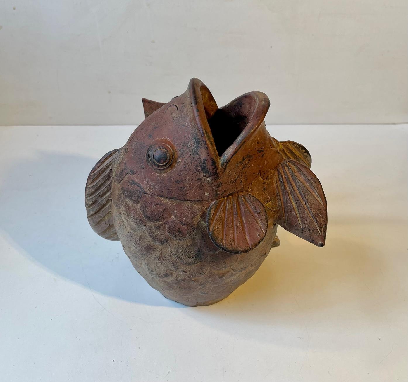 Mid-Century Modern Vintage Terracotta Koi Fish Sculpture or Vase, Asia, 1960s