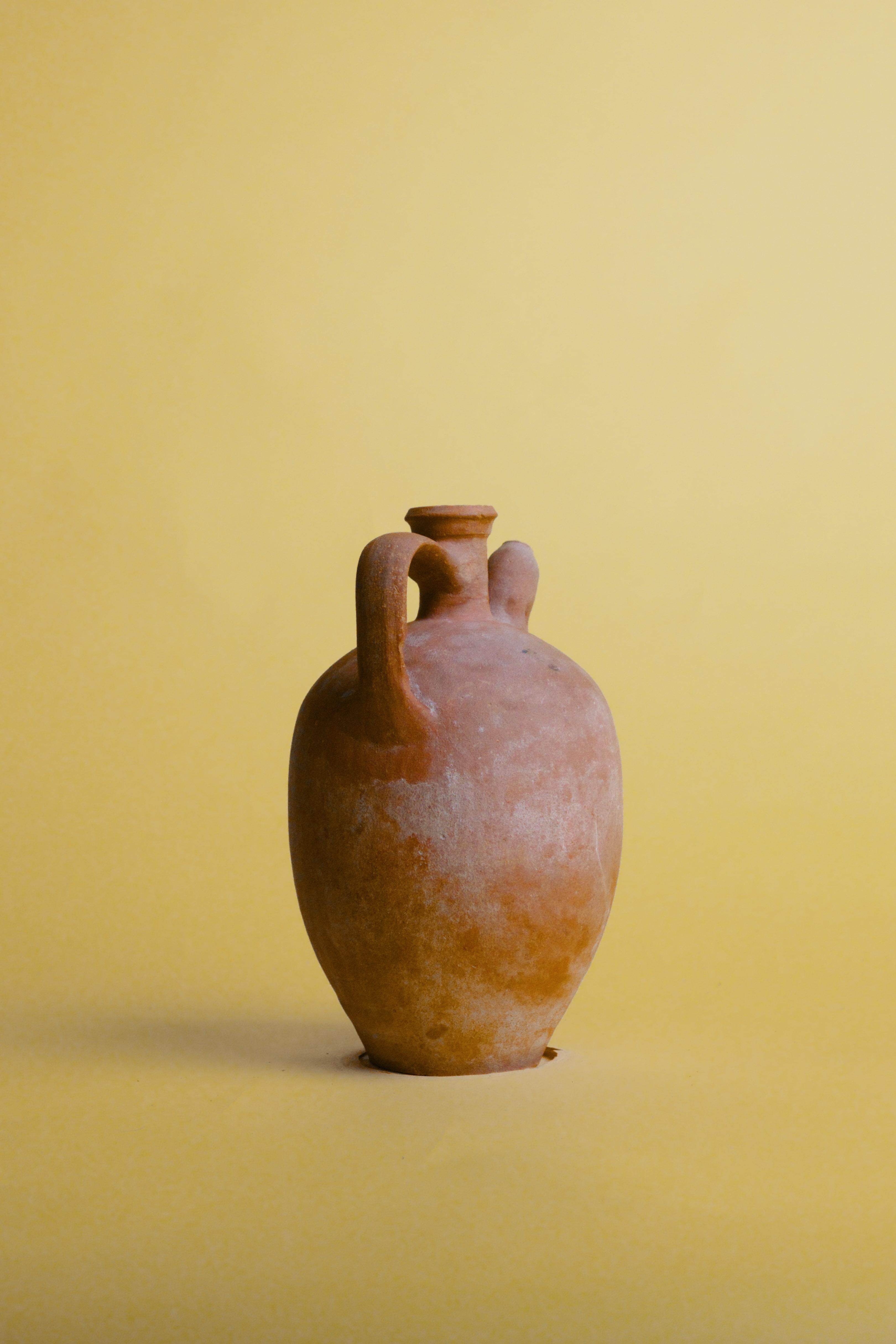 Hand-Carved Vintage Terracotta Oil Jug Rustic Mediterranean Pottery For Sale