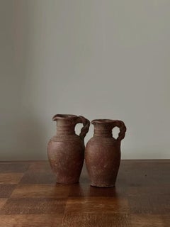 Vintage Terracotta Pottery Jugs With Twisted Handles- Set of 2