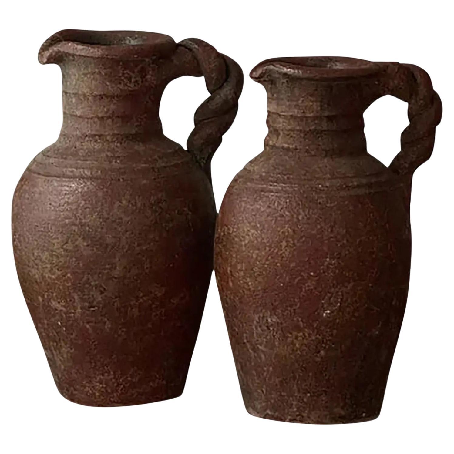 Vintage Terracotta Pottery Jugs With Twisted Handles- Set of 2