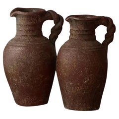 Vintage Terracotta Pottery Jugs With Twisted Handles- Set of 2