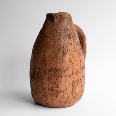 Vintage Terracotta Studio Pottery Jug, Adam And Eve Sgraffito Decoration