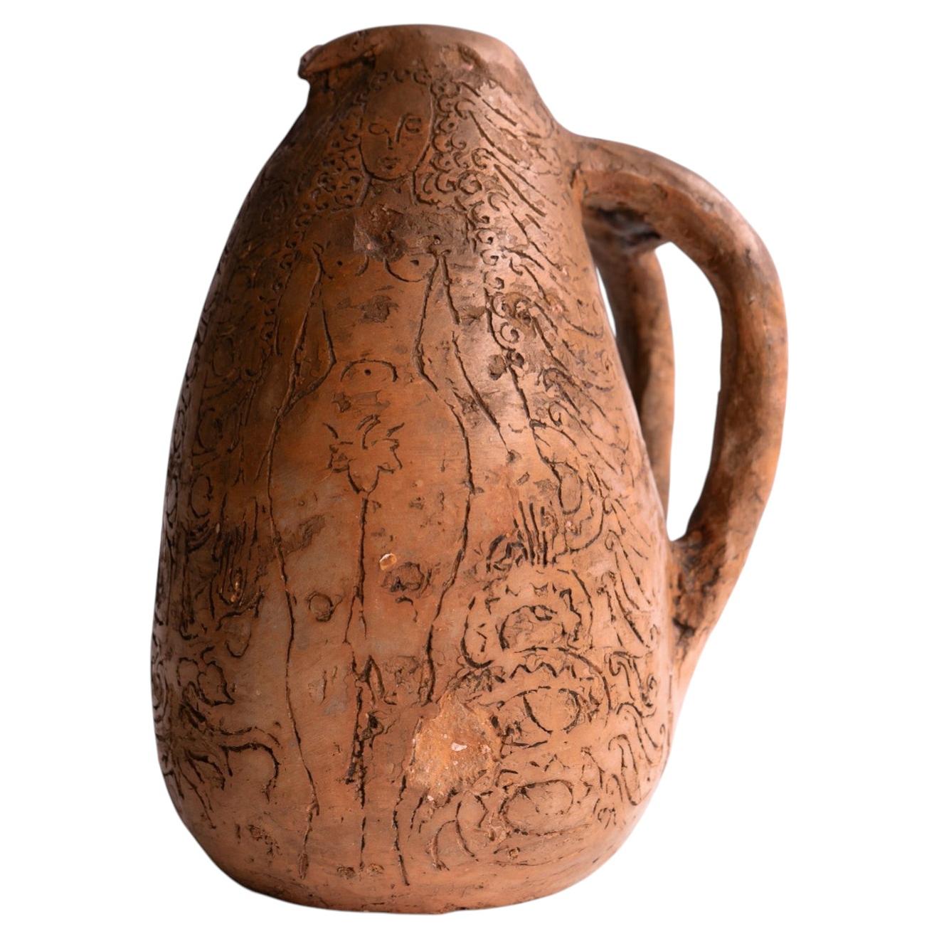 Vintage Terracotta Studio Pottery Jug, Adam And Eve Sgraffito Decoration