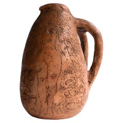 Vintage Terracotta Studio Pottery Jug, Adam And Eve Sgraffito Decoration