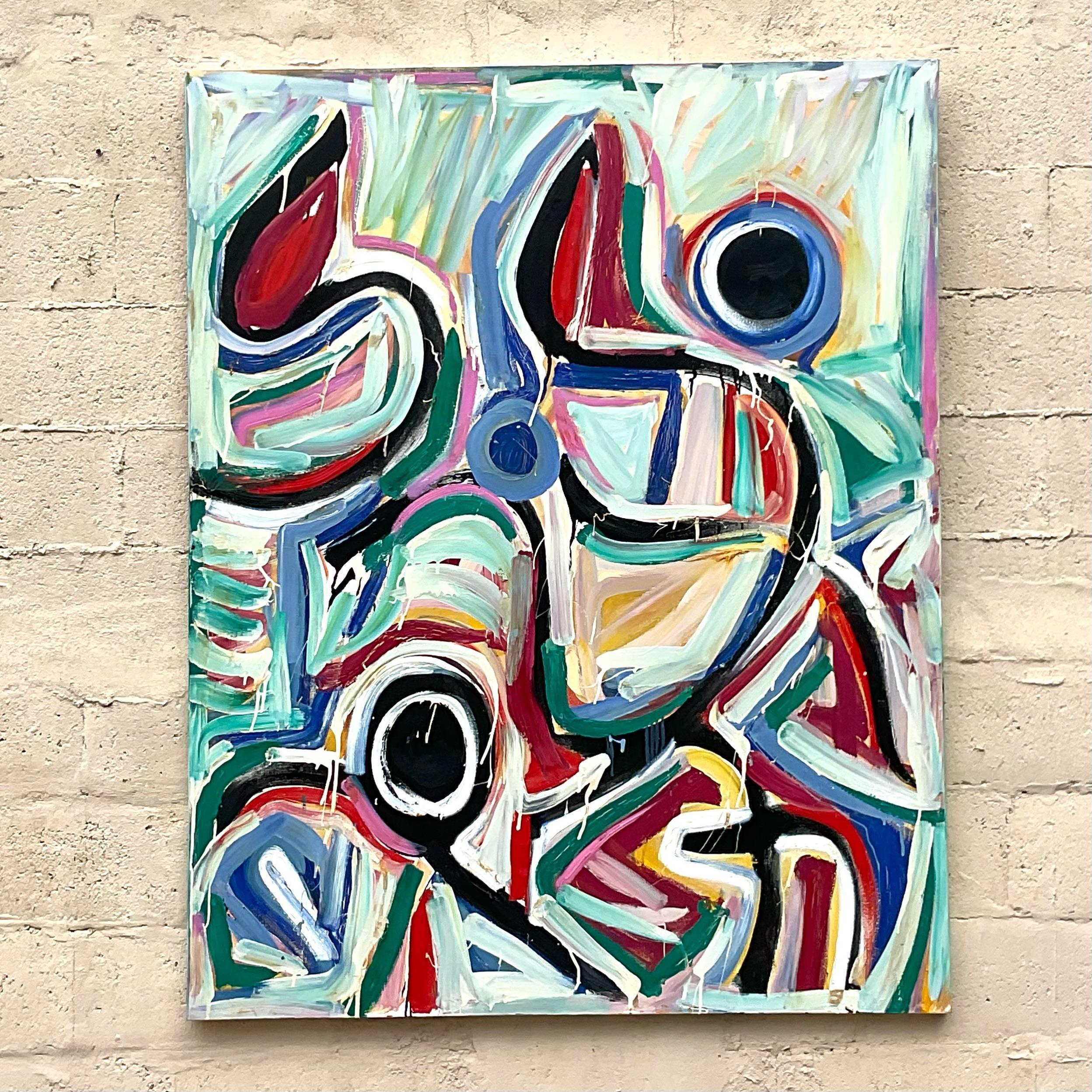 Incredible vintage work by Terry J Frid, signed and dated July ‘98. The monumental piece has incredible movement and color that could transform any space. An underlying realm of geometric shapes are highlighted with splashes of color and dramatic