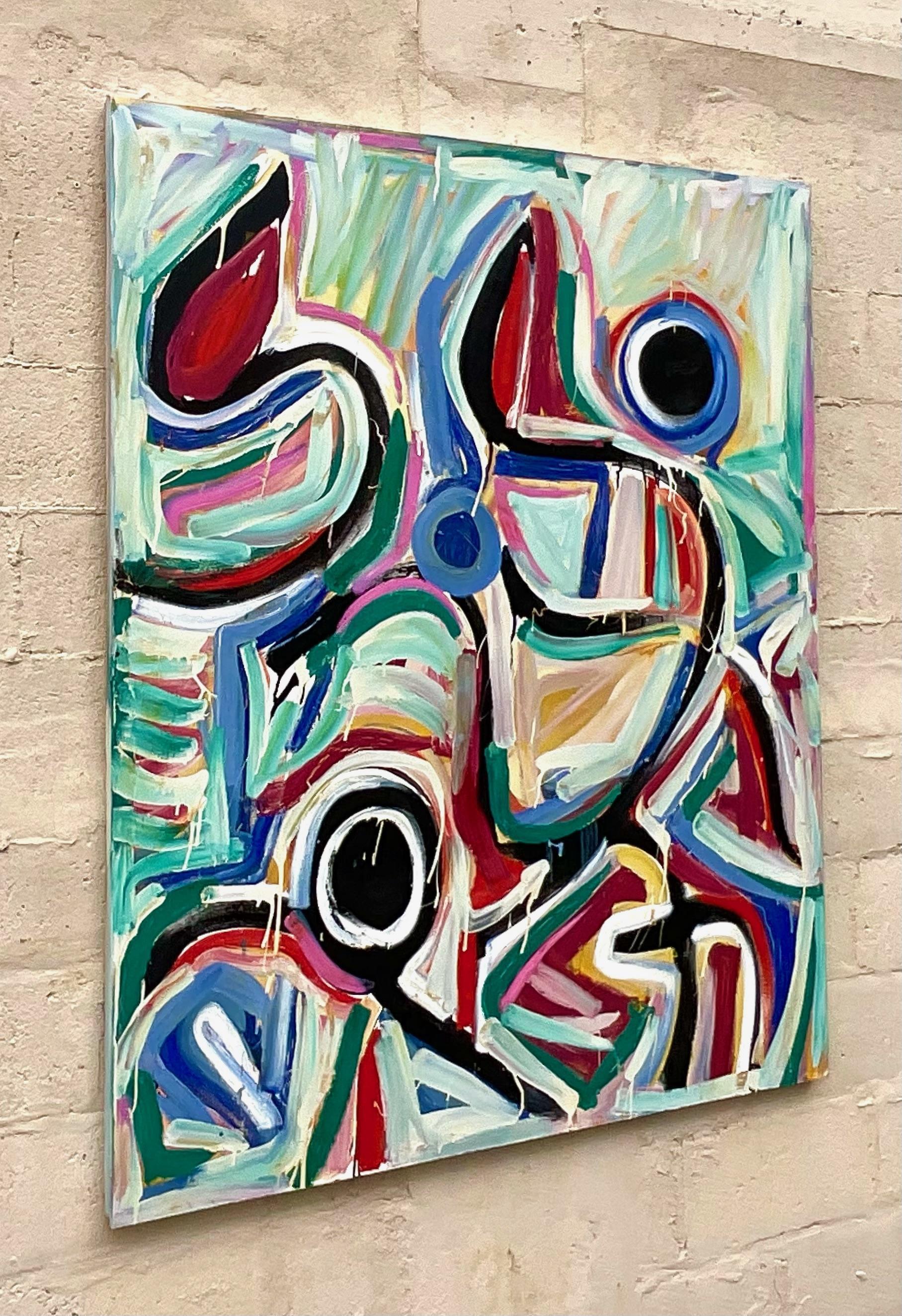 Nordamericano Vintage Terry Frid Olio su tela Pittura astratta multicolore in vendita