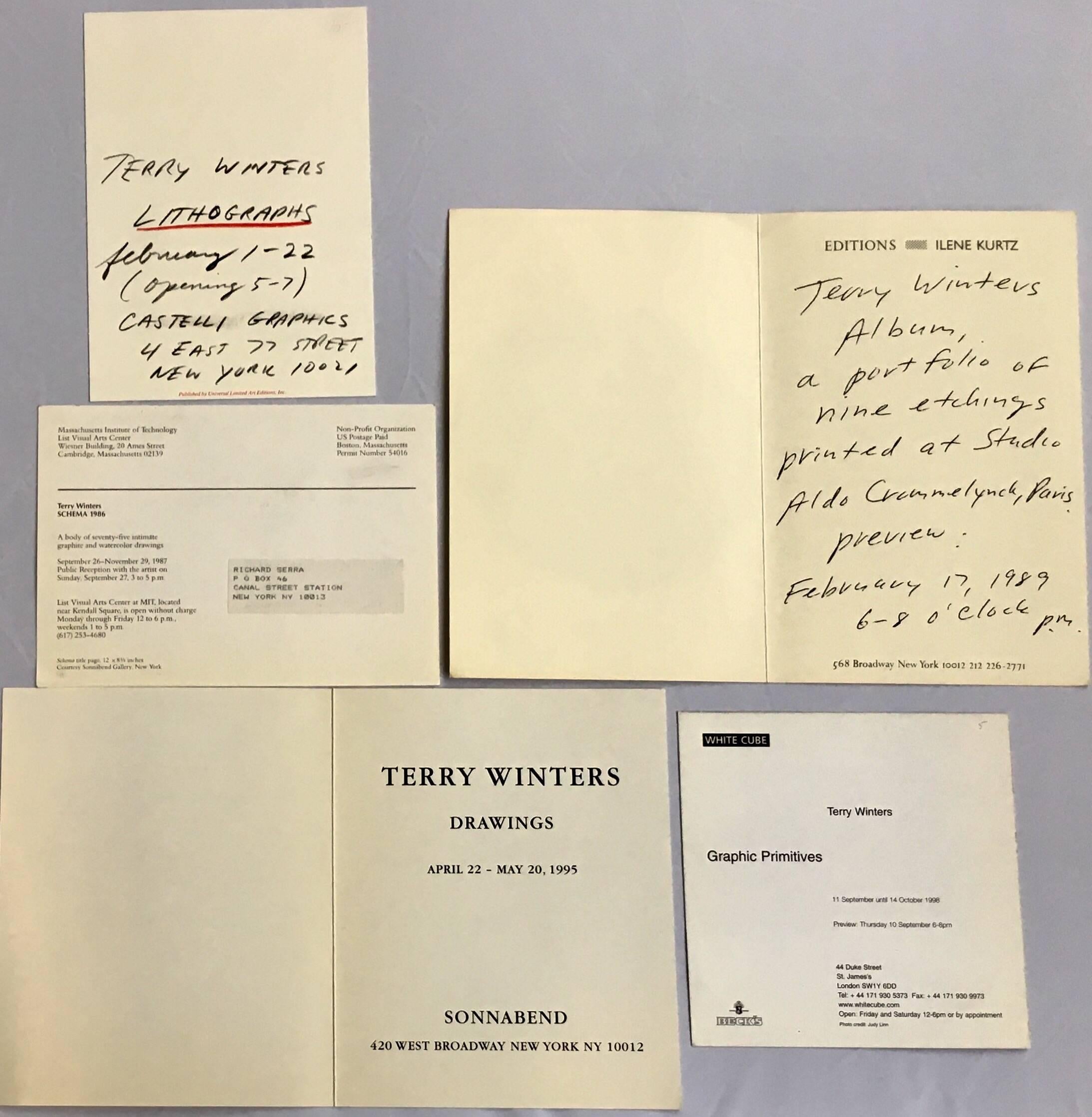 Terry Winters 
Set of five vintage exhibition announcements: 1986-1998
Sonnabend, Leo Castelli gallery and more
*Schema 1986 card is addressed to none other than Richard Serra
Suitable for framing
Dimensions range between 5 x 7 inches and 7 x 9