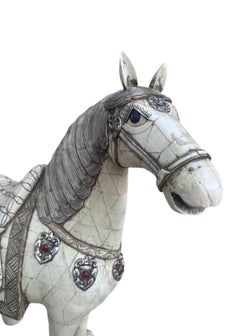 Vintage Tessellated Bone Tile with Sterling and Stone Medallions Horse Statue