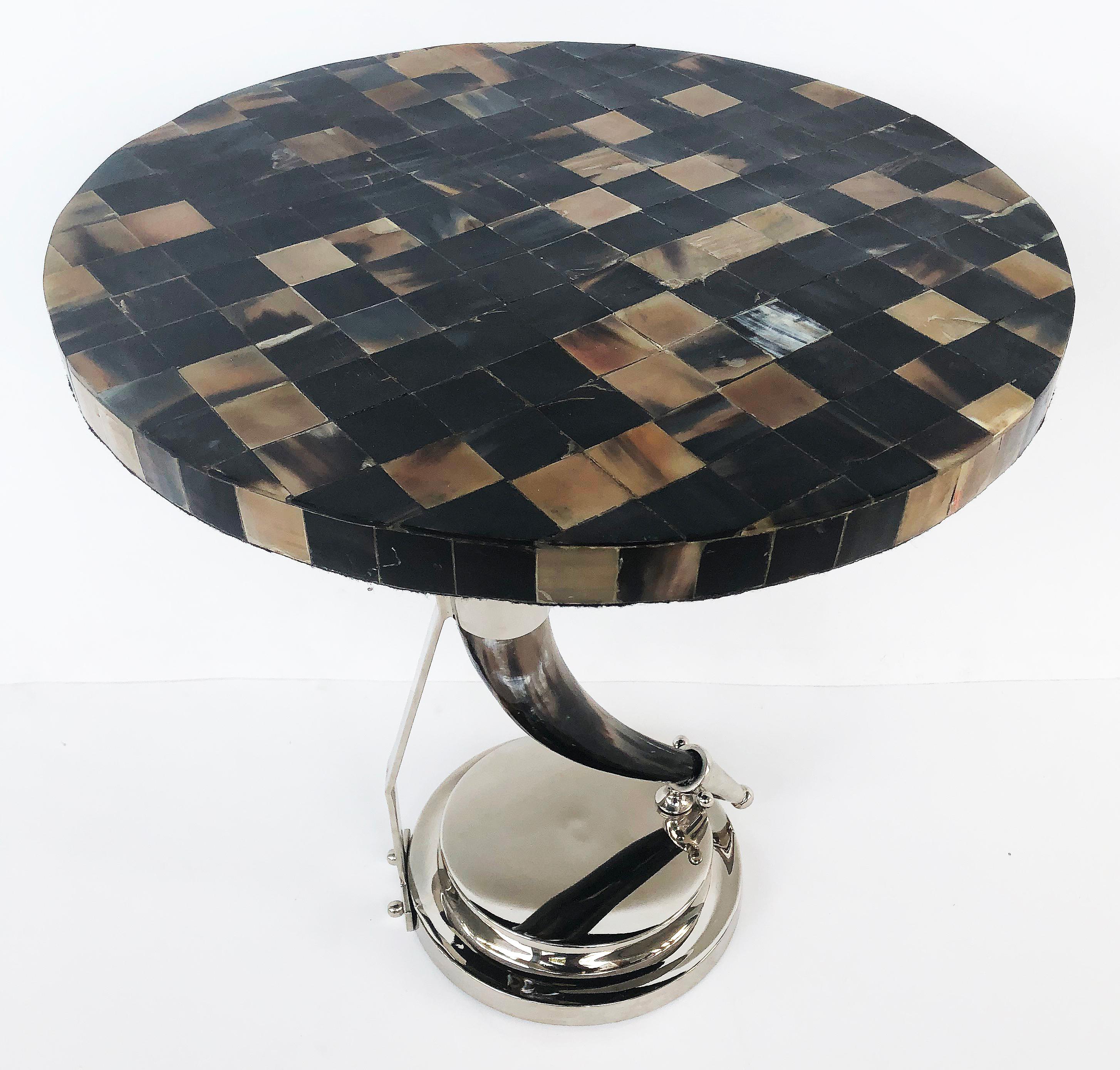 Vintage tessellated horn and chrome occasional table

Offered for sale is a tessellated horn topped occasional table supported by a polished steer horn and chrome base. This is a very stylish and unusual table that was custom-crafted.