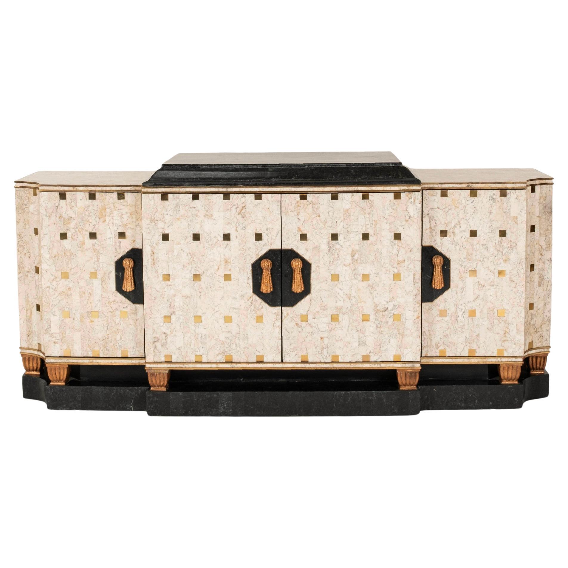 Vintage Tessellated Marble Brass Credenza im Angebot