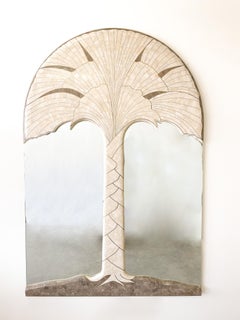 Vintage Tessellated Marble Stone Travertine Palm Tree With Brass Inlay Mirror