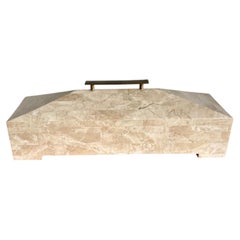 Boîte décorative vintage en pierre mosaïquée avec poignée en laiton, style Karl Springer