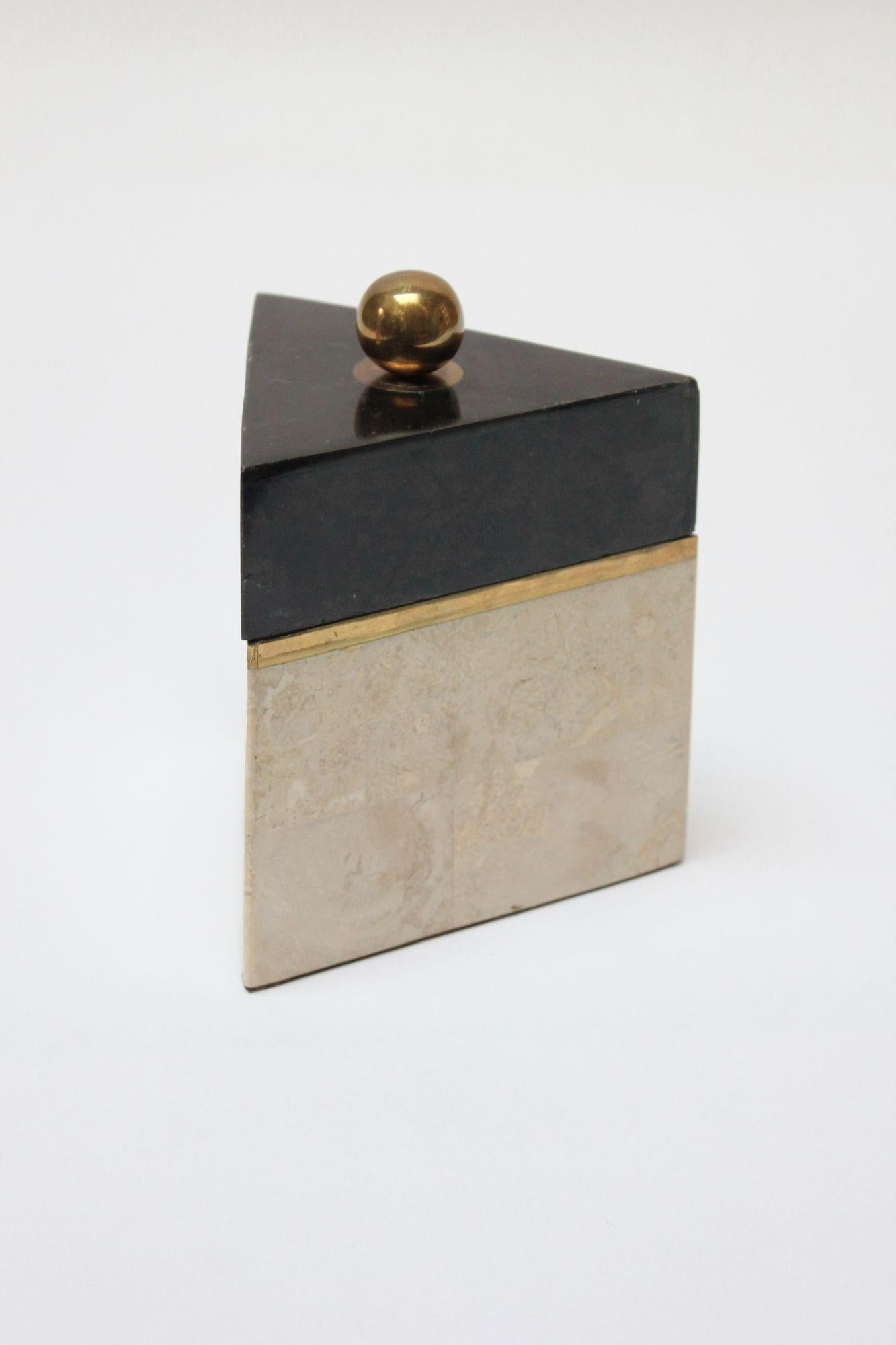 Mid-Century Modern Vintage Tessellated Stone and Brass Triangular Box Attributed to Maitland Smith
