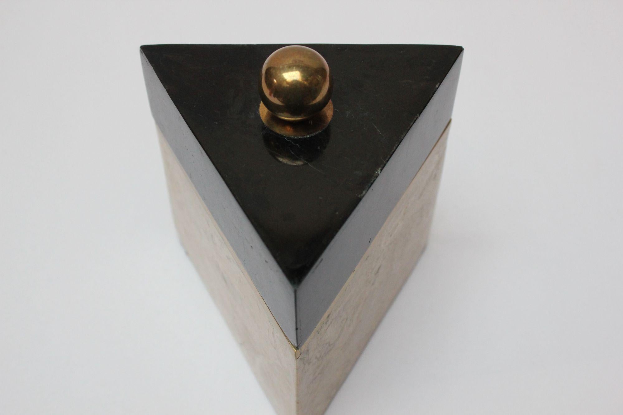 Inlay Vintage Tessellated Stone and Brass Triangular Box Attributed to Maitland Smith