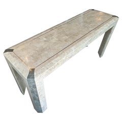 Vintage Tessellated Stone Console Sofa Table Brass Inlay Maitland Smith Style