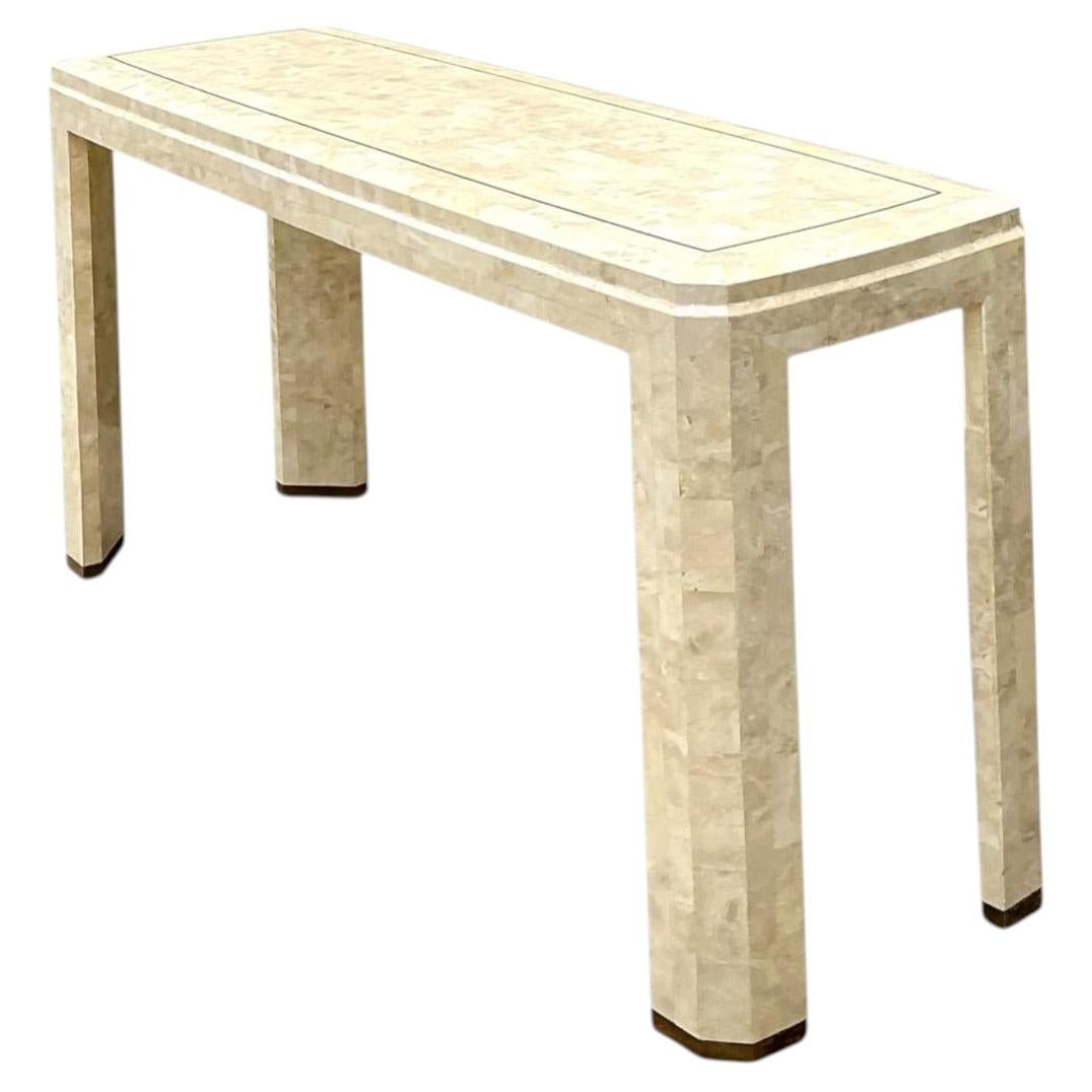 Vintage Tessellated Stone Console Table With Brass Inlay