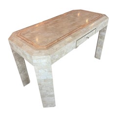 Vintage Tessellated Stone Marble & Inlay Brass Desk Style of Maitland Smith