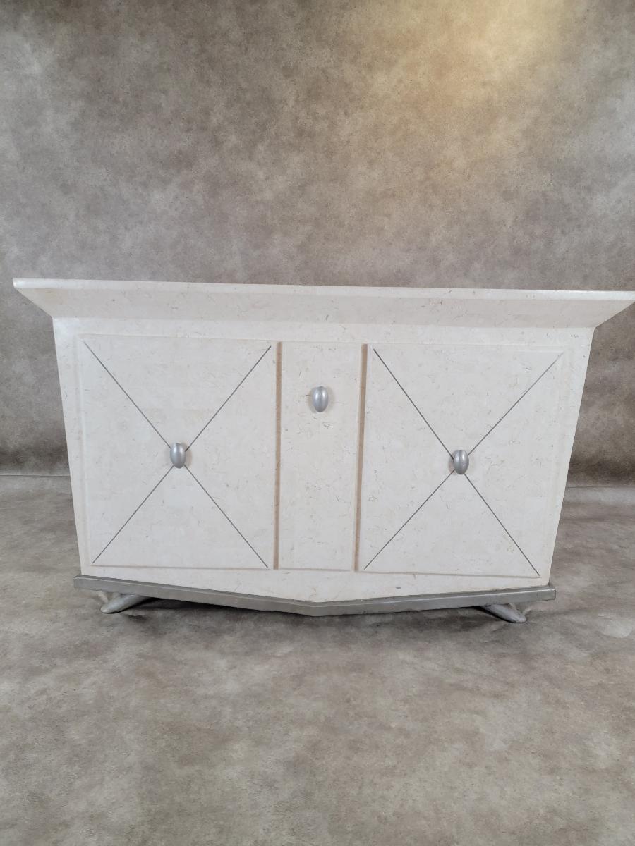 Modern Vintage Tessellated Stone Wrapped 2 Door W/ Pull Out Shelf Drawer Credenza For Sale