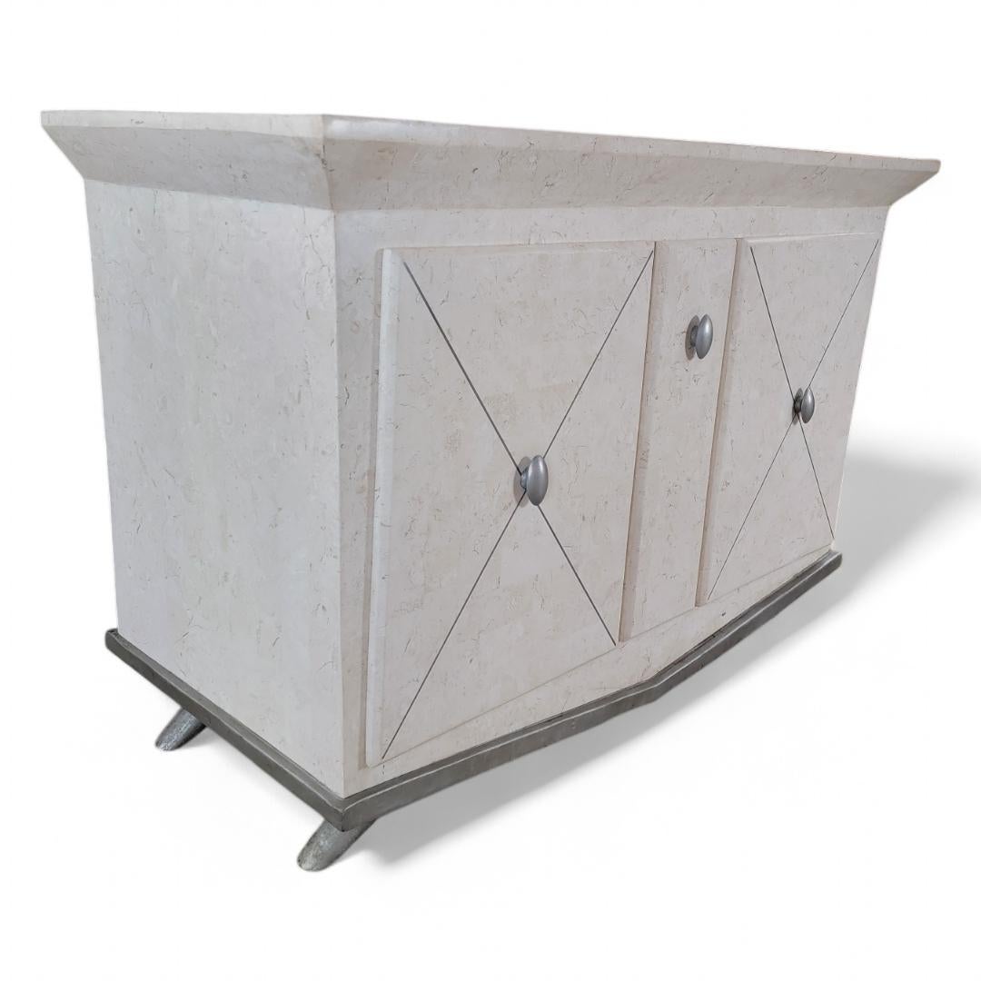 Vintage Tessellated Stone Wrapped 2 Door W/ Pull Out Shelf Drawer Credenza In Good Condition For Sale In Chicago, IL