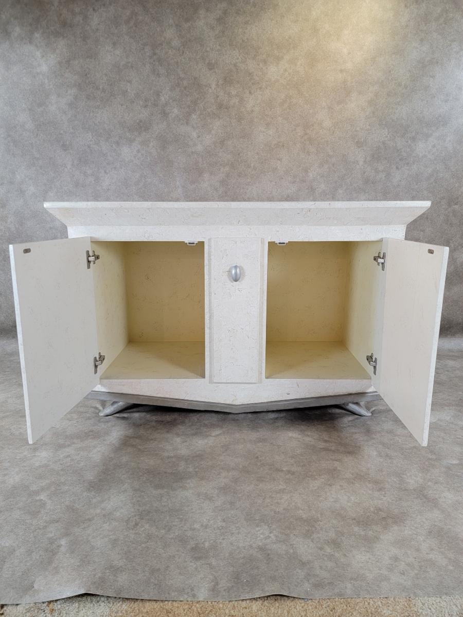 20th Century Vintage Tessellated Stone Wrapped 2 Door W/ Pull Out Shelf Drawer Credenza For Sale