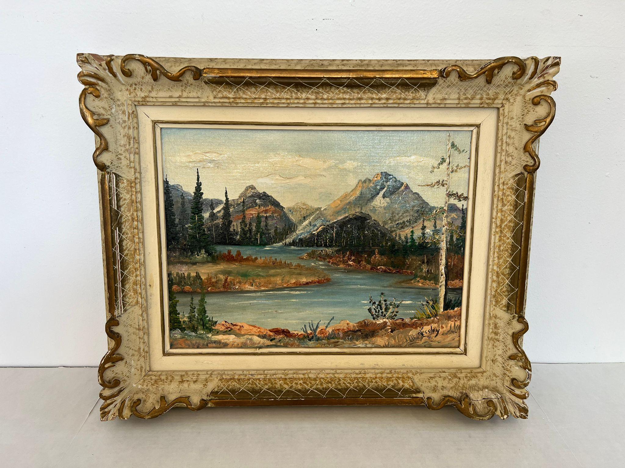  This Vintage mountain river landscape framed painting is dated 1971 and signed by F.D.Lessley. It was painted in Jackson Hole, Wyoming. This Piece has nice patina and character. Vintage Condition as pictured. Listing is for described item