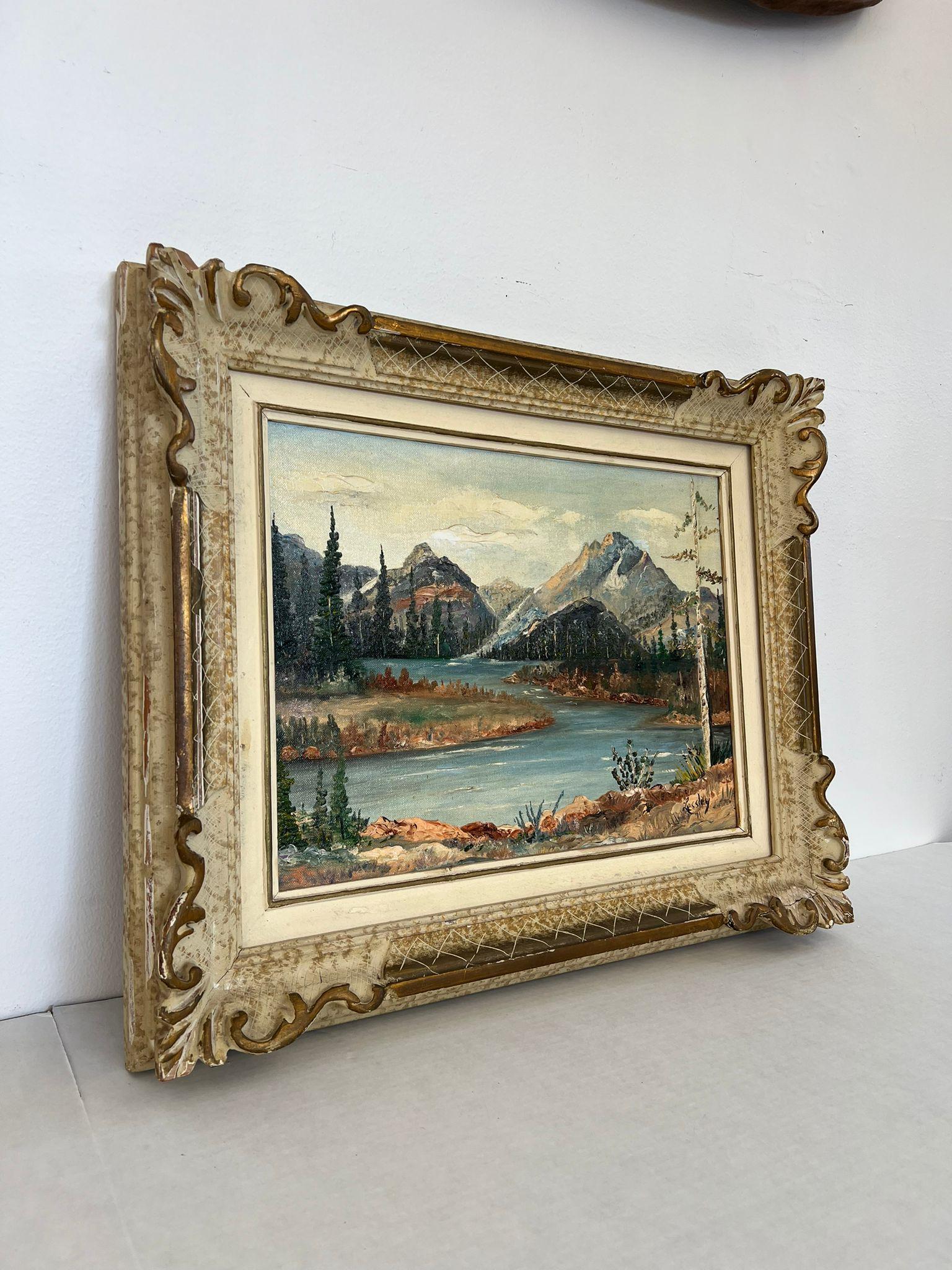 Mid-Century Modern Vintage Teton Mountains Scenic Landscape Framed 1971 painting by F.D. Lessley. For Sale