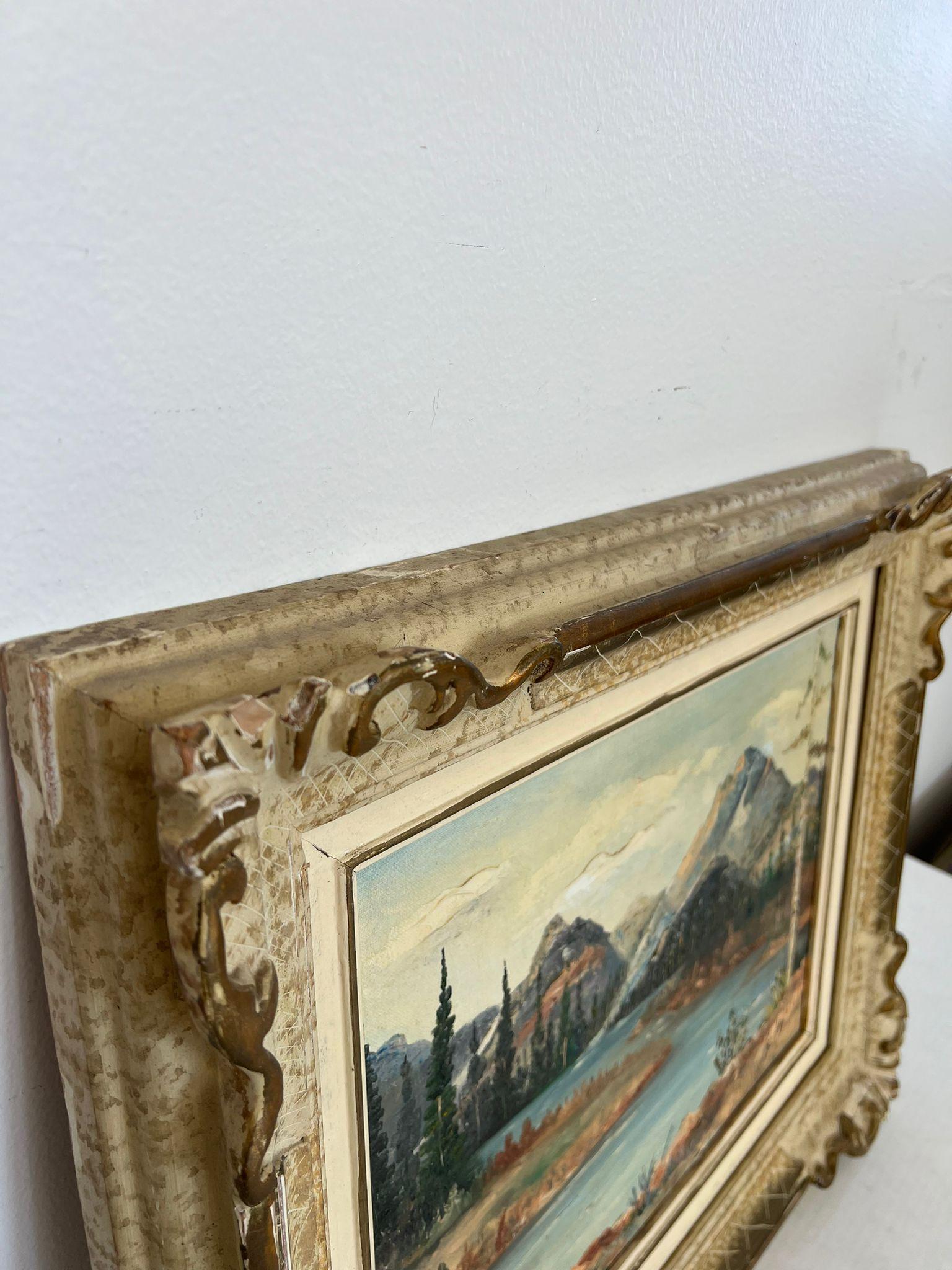 Late 20th Century Vintage Teton Mountains Scenic Landscape Framed 1971 painting by F.D. Lessley. For Sale
