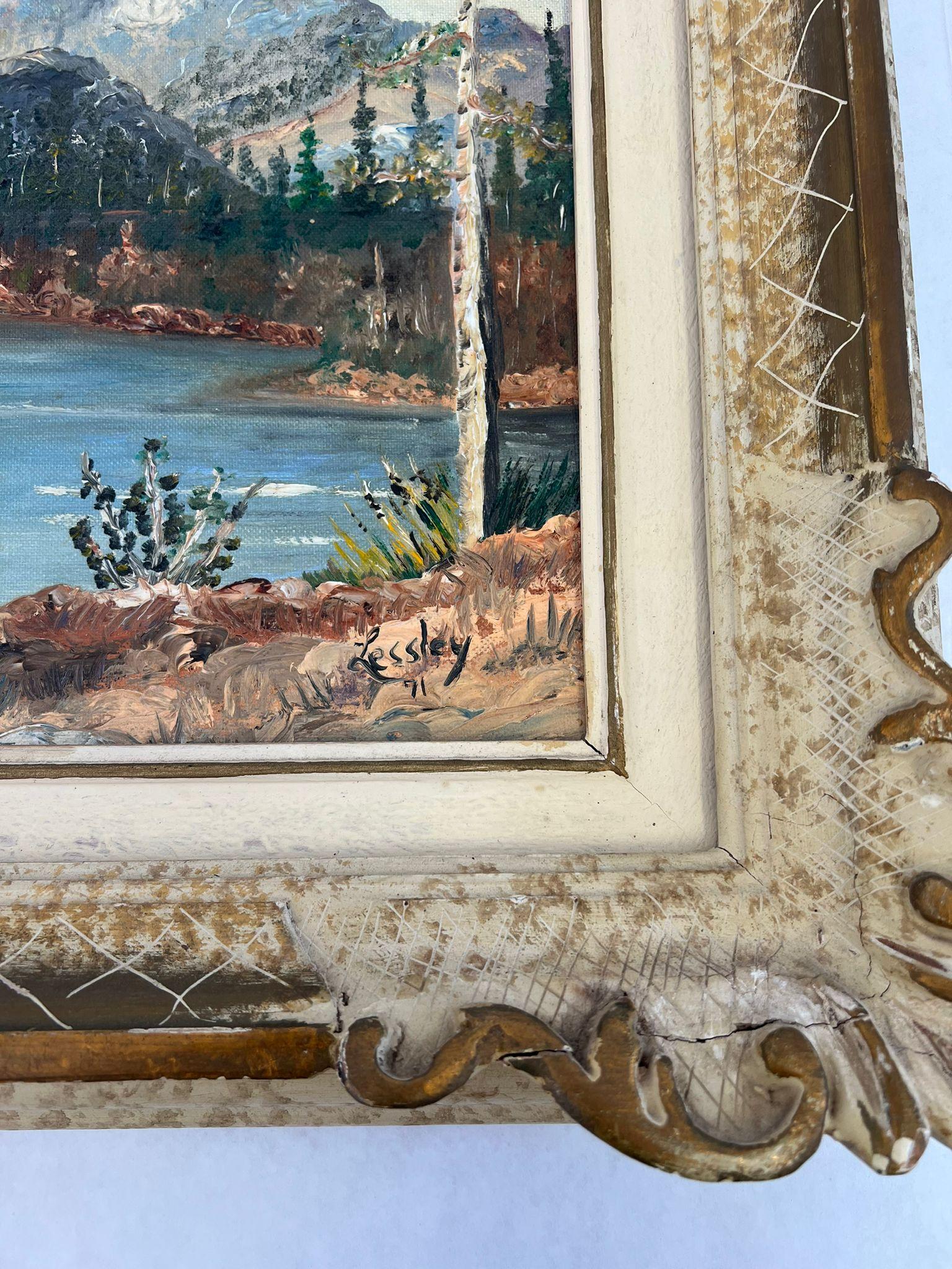 Wood Vintage Teton Mountains Scenic Landscape Framed 1971 painting by F.D. Lessley. For Sale