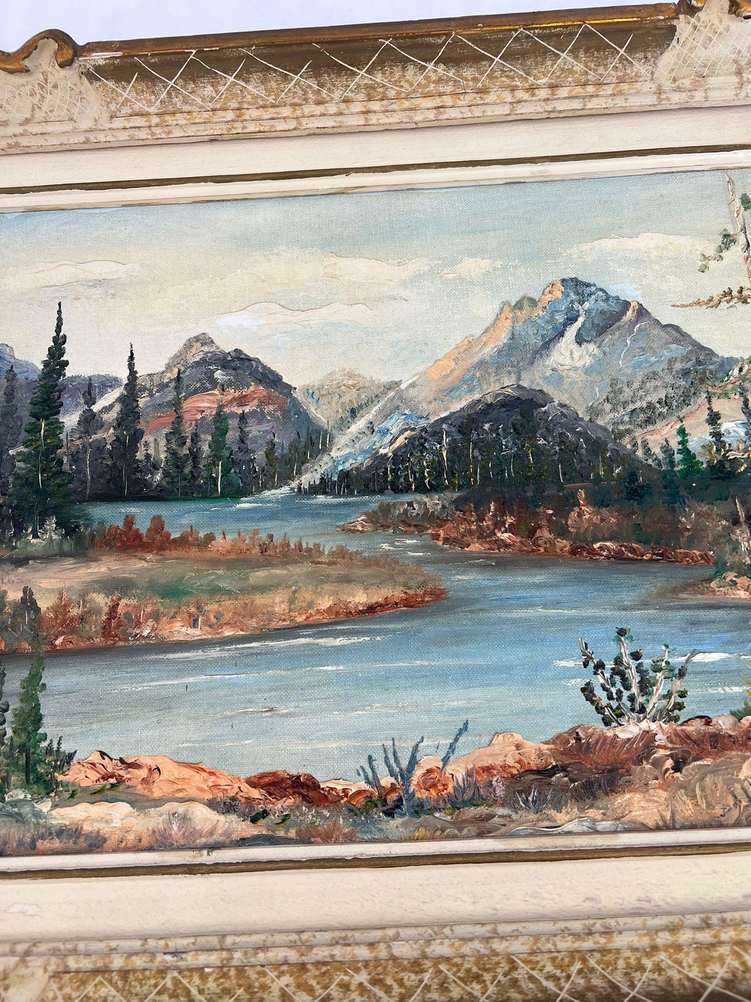 Vintage Teton Mountains Scenic Landscape Framed 1971 painting by F.D. Lessley. For Sale 3