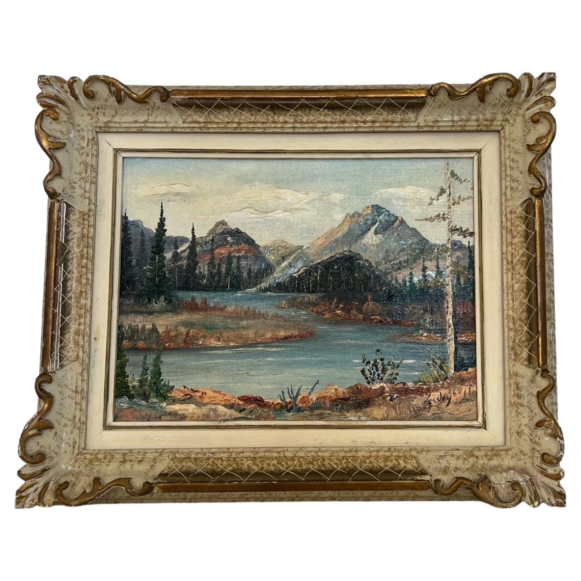 Vintage Teton Mountains Scenic Landscape Framed 1971 painting by F.D. Lessley.
