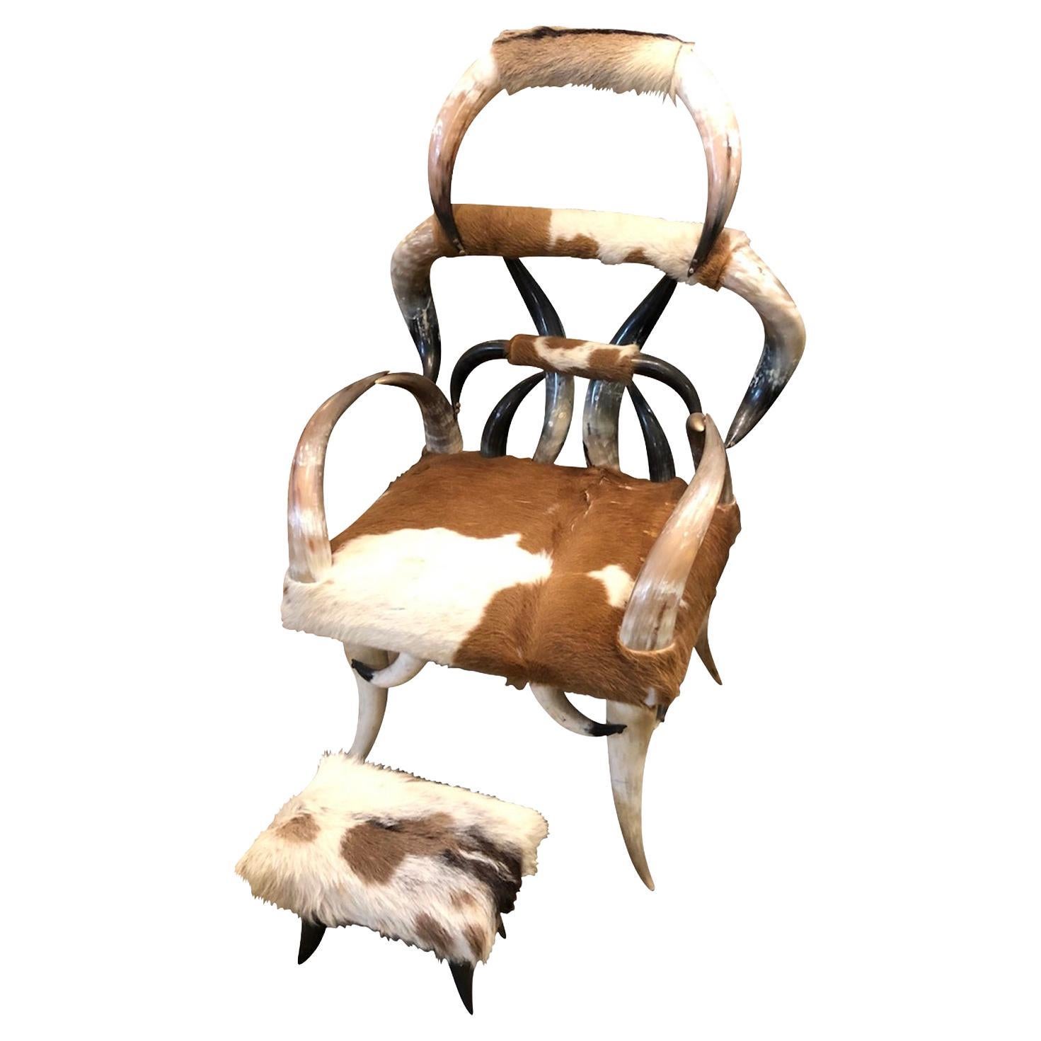 Vintage Texas Long Horn Rustic Arm Chair and Ottoman, Circa 1960 For Sale