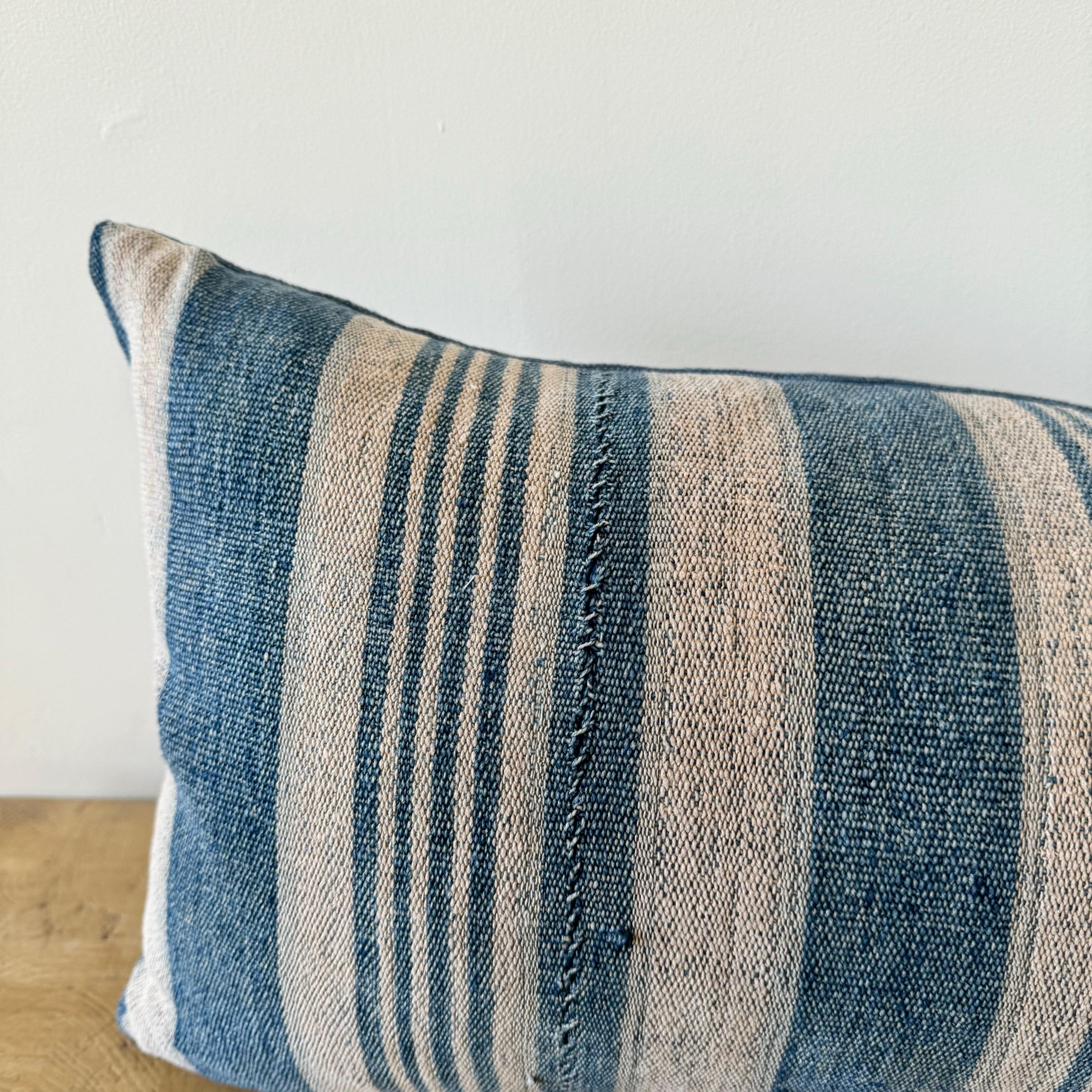 Vintage Textile Blue Stripe Batik Lumbar Pillow with Insert In Good Condition For Sale In Brea, CA