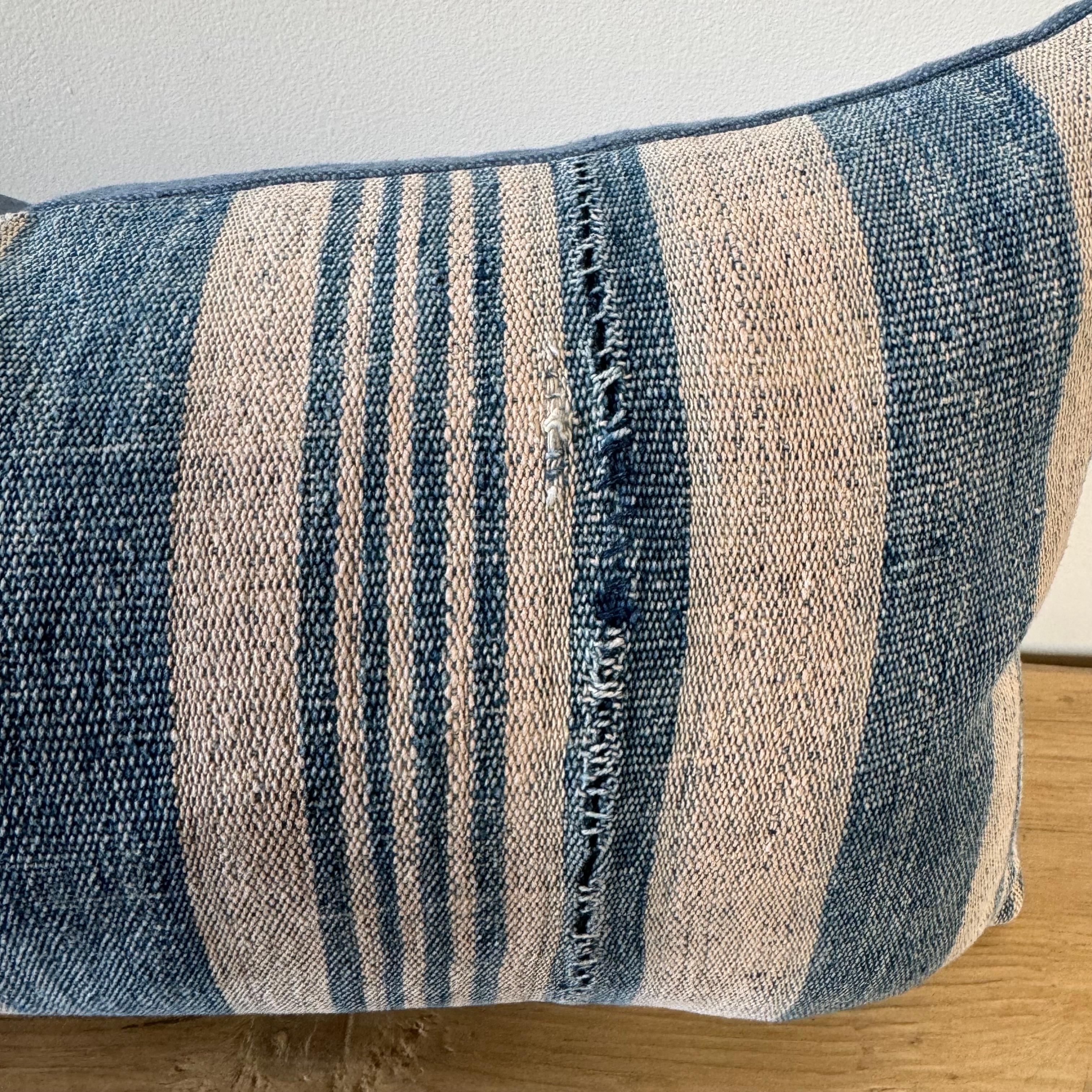 Contemporary Vintage Textile Blue Stripe Batik Lumbar Pillow with Insert For Sale