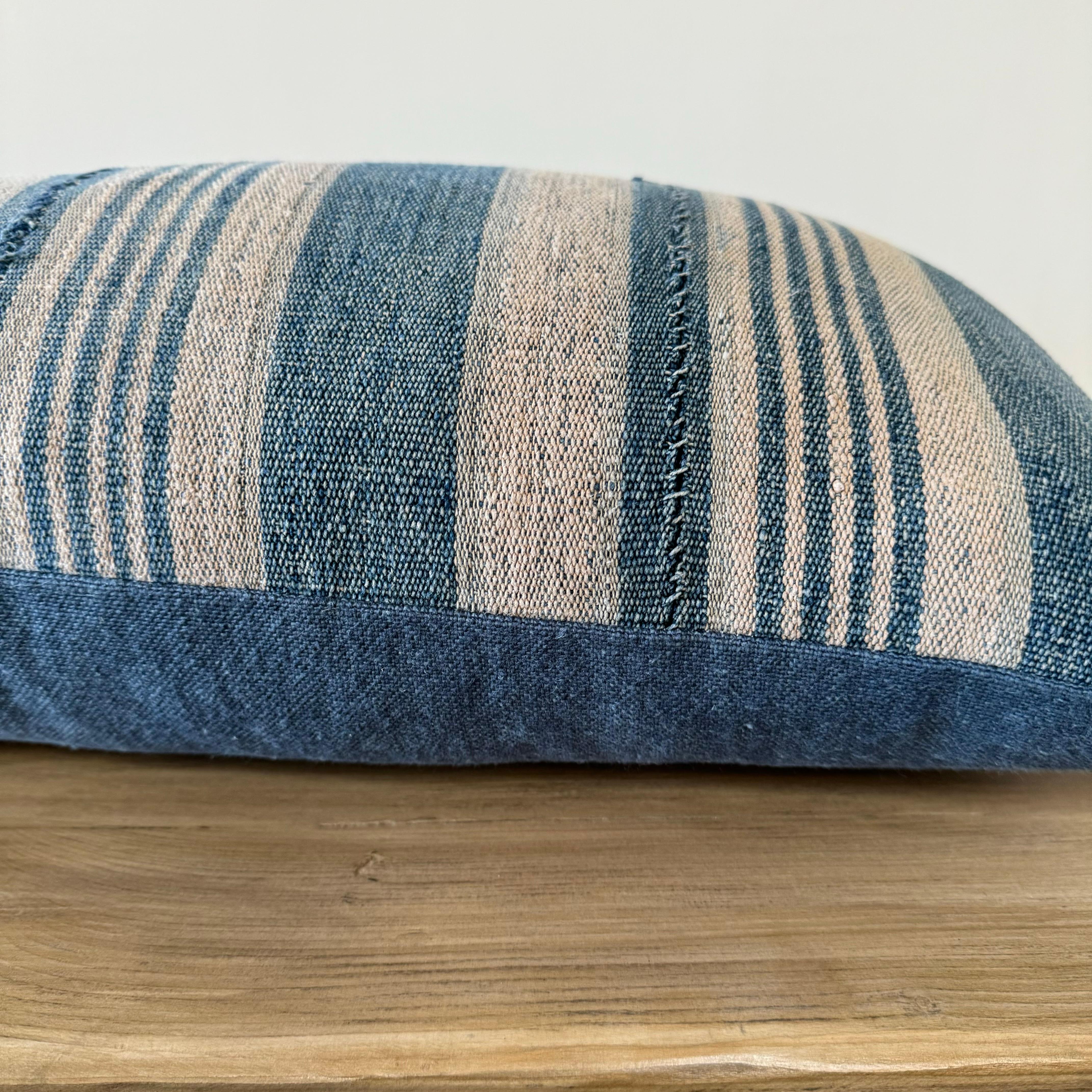 Linen Vintage Textile Blue Stripe Batik Lumbar Pillow with Insert For Sale