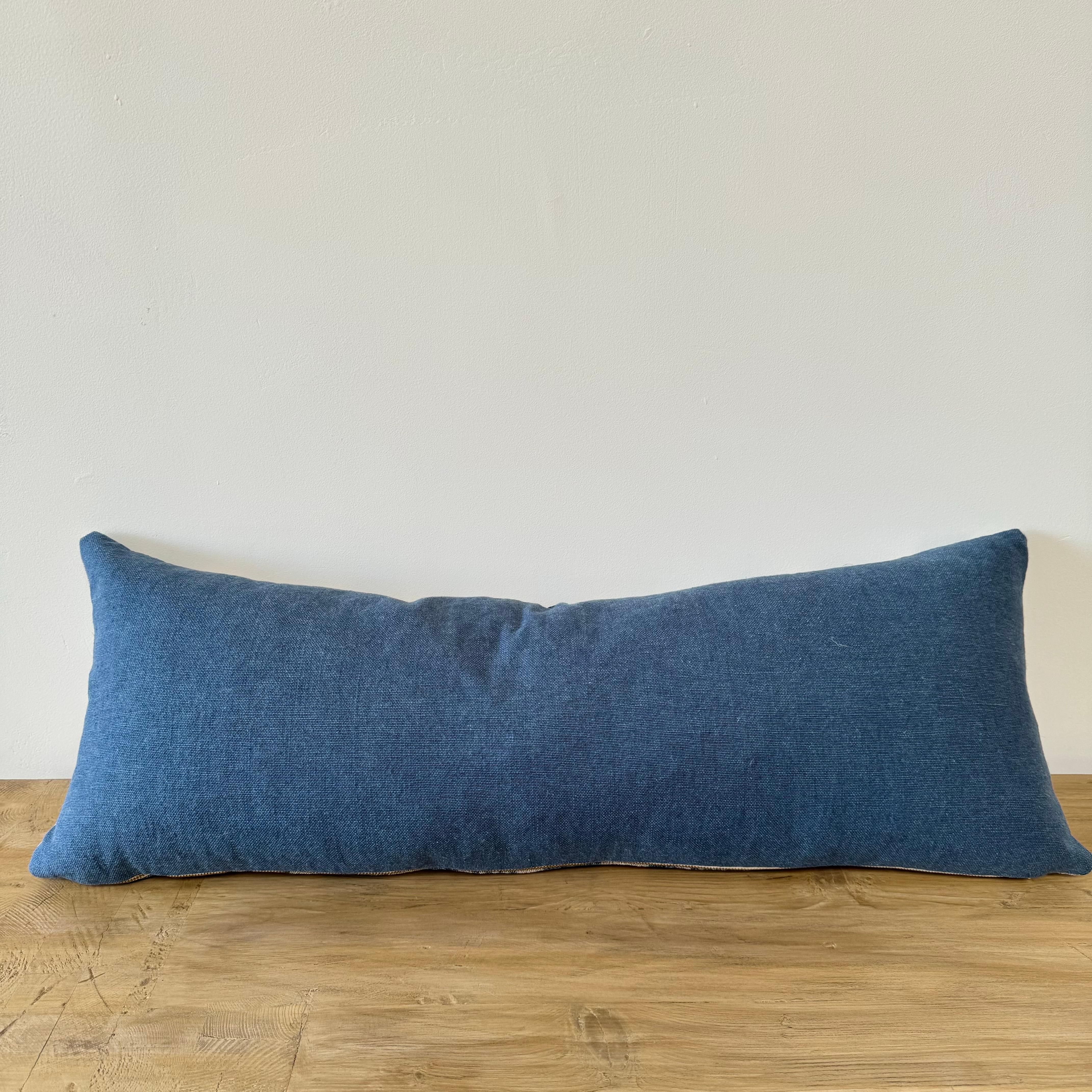 Vintage Textile Blue Stripe Batik Lumbar Pillow with Insert For Sale 1