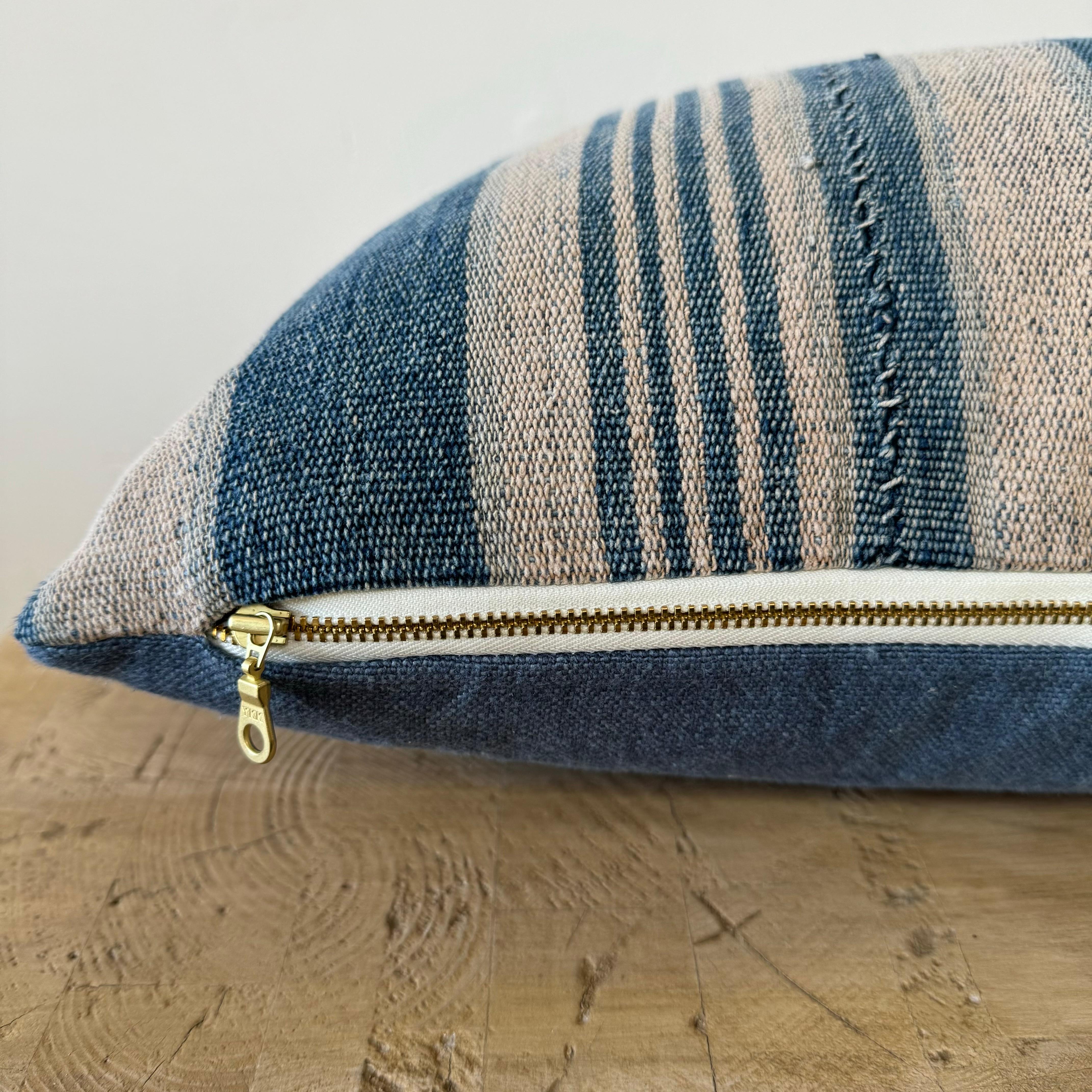 Vintage Textile Blue Stripe Batik Lumbar Pillow with Insert For Sale 2