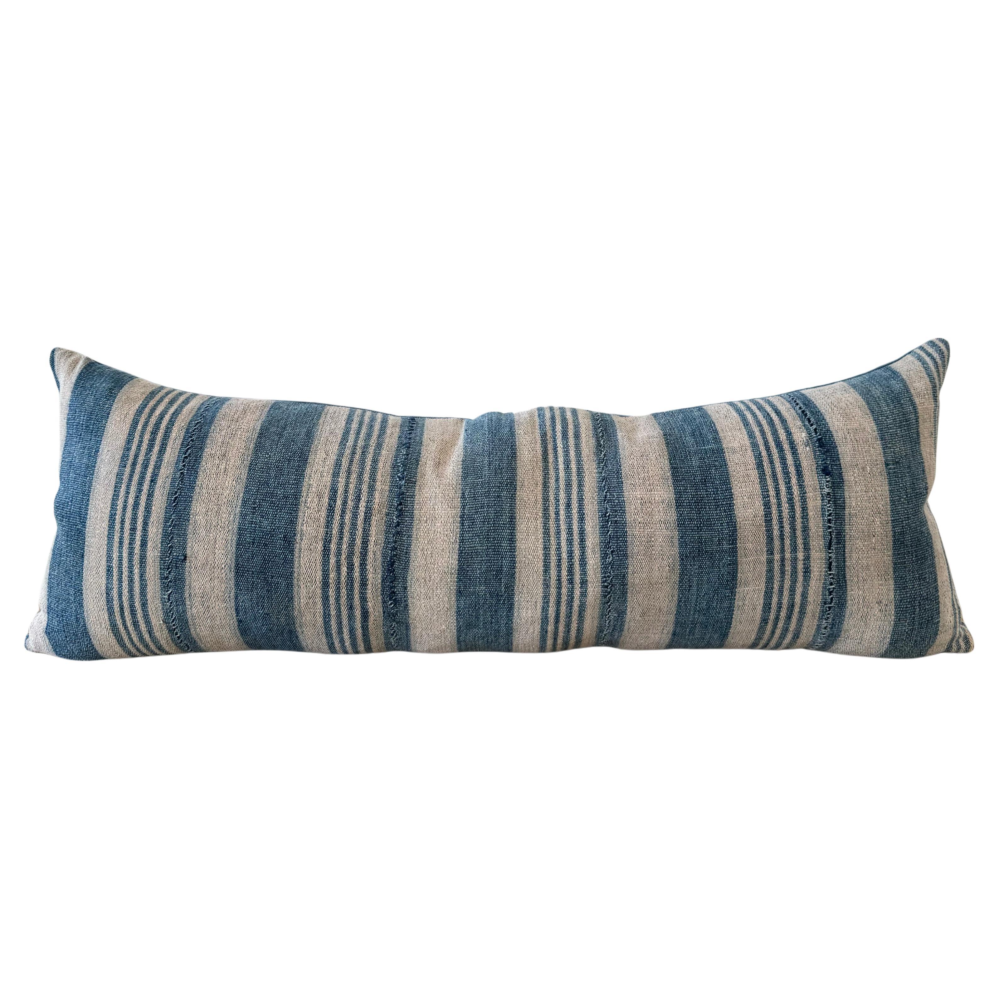Vintage Textile Blue Stripe Batik Lumbar Pillow with Insert For Sale