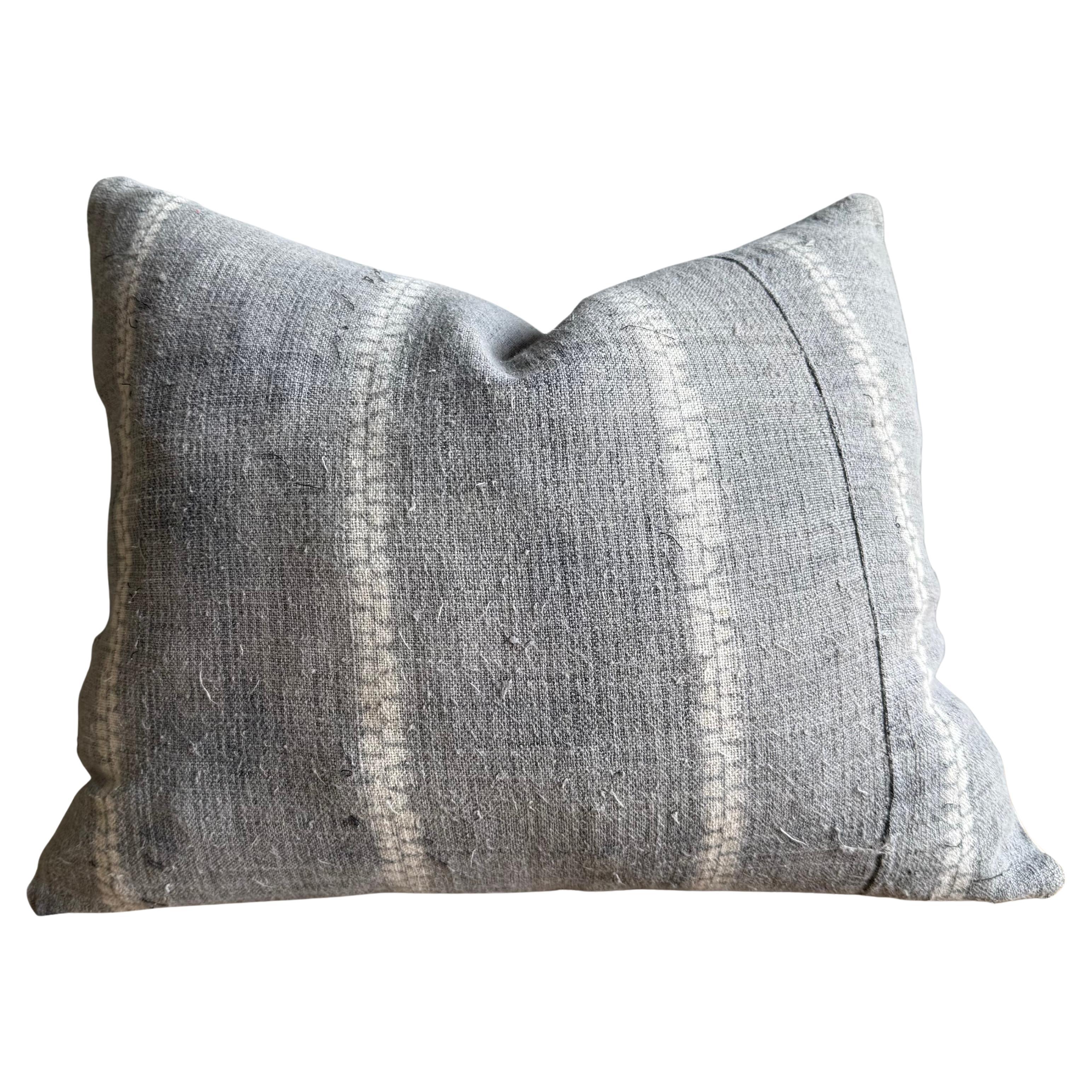 Vintage Textile One of a Kind Gray and White Lumbar Pillow with Down Insert