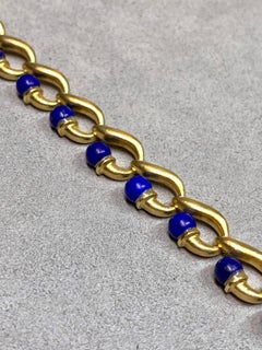 Vintage Textured 18K Yellow Gold Lapis Sphere Curved Link Bracelet 8”