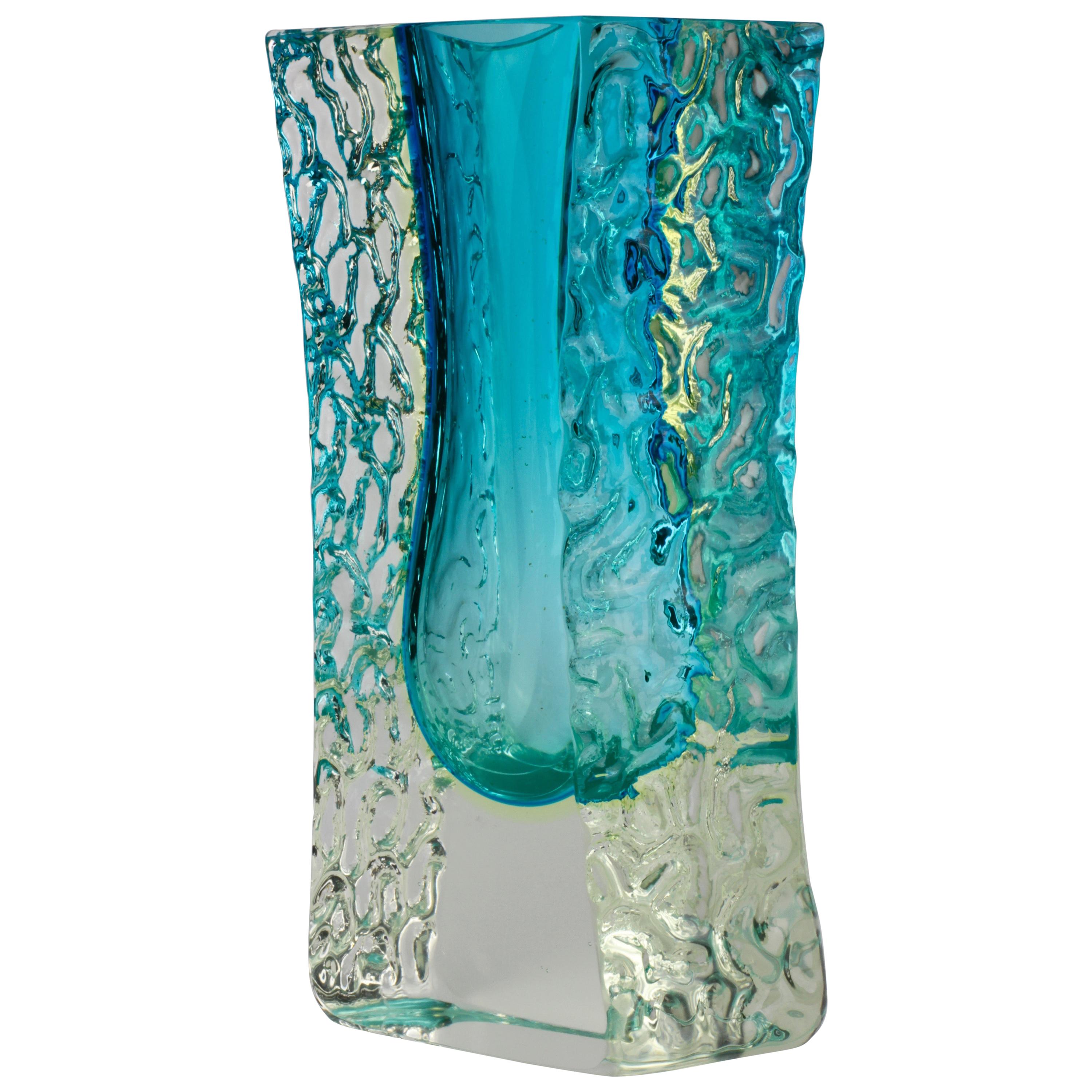 Vintage Textured and Faceted Murano 'Sommerso' Blue Ice Glass Vase For Sale